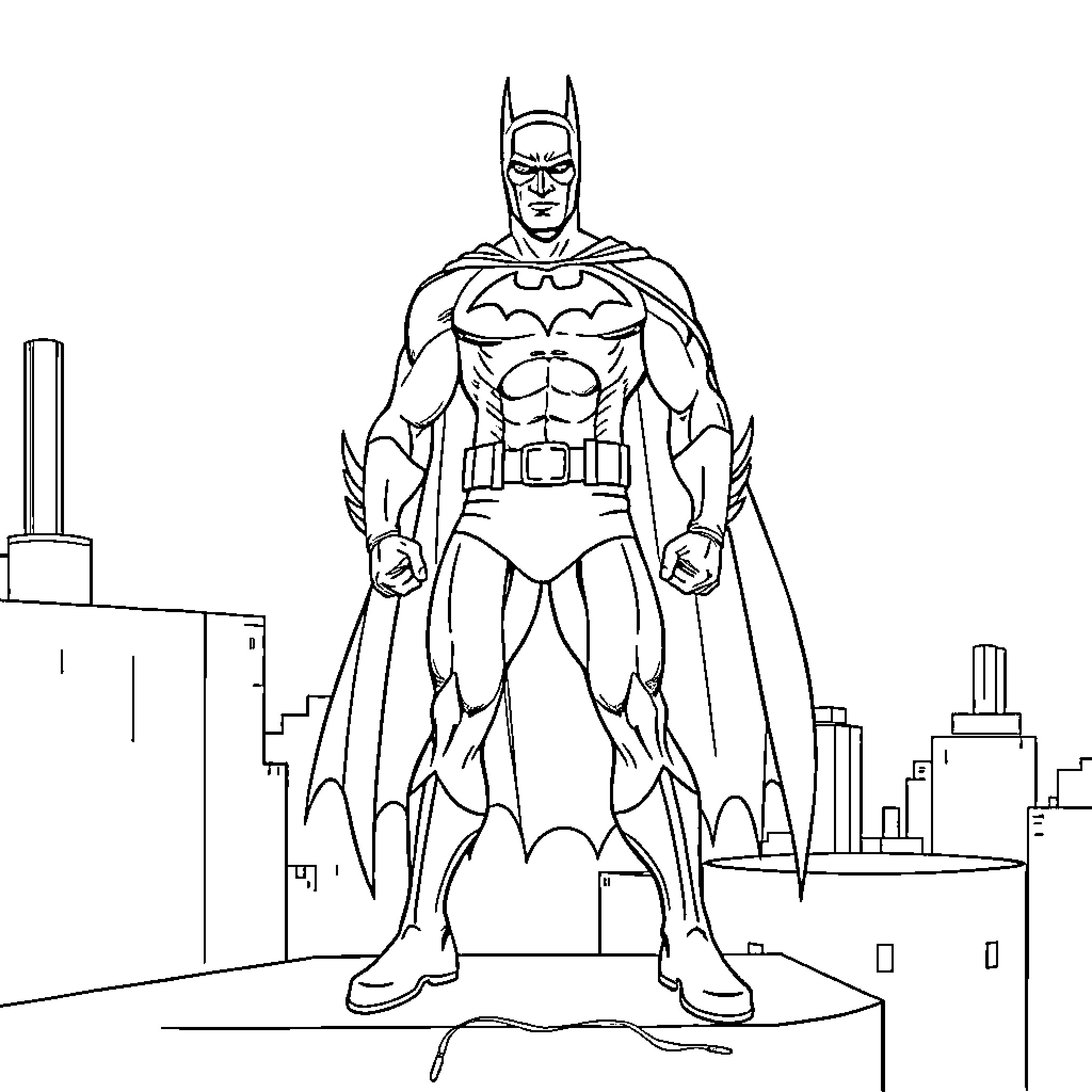 Batman standing heroically in the city Coloring Page (free black-and-white line drawing printable PDF for all, from beginners to advanced learners, including children, teens, adults, and seniors)