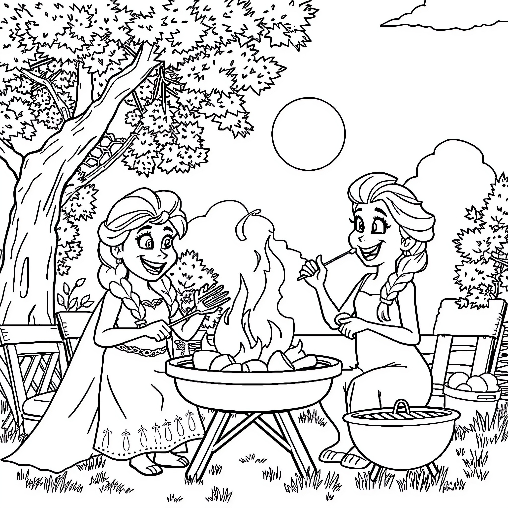 Elsa and Anna's Picnic Adventure Coloring Page (free black-and-white line drawing printable PDF for all, from beginners to advanced learners, including children, teens, adults, and seniors)