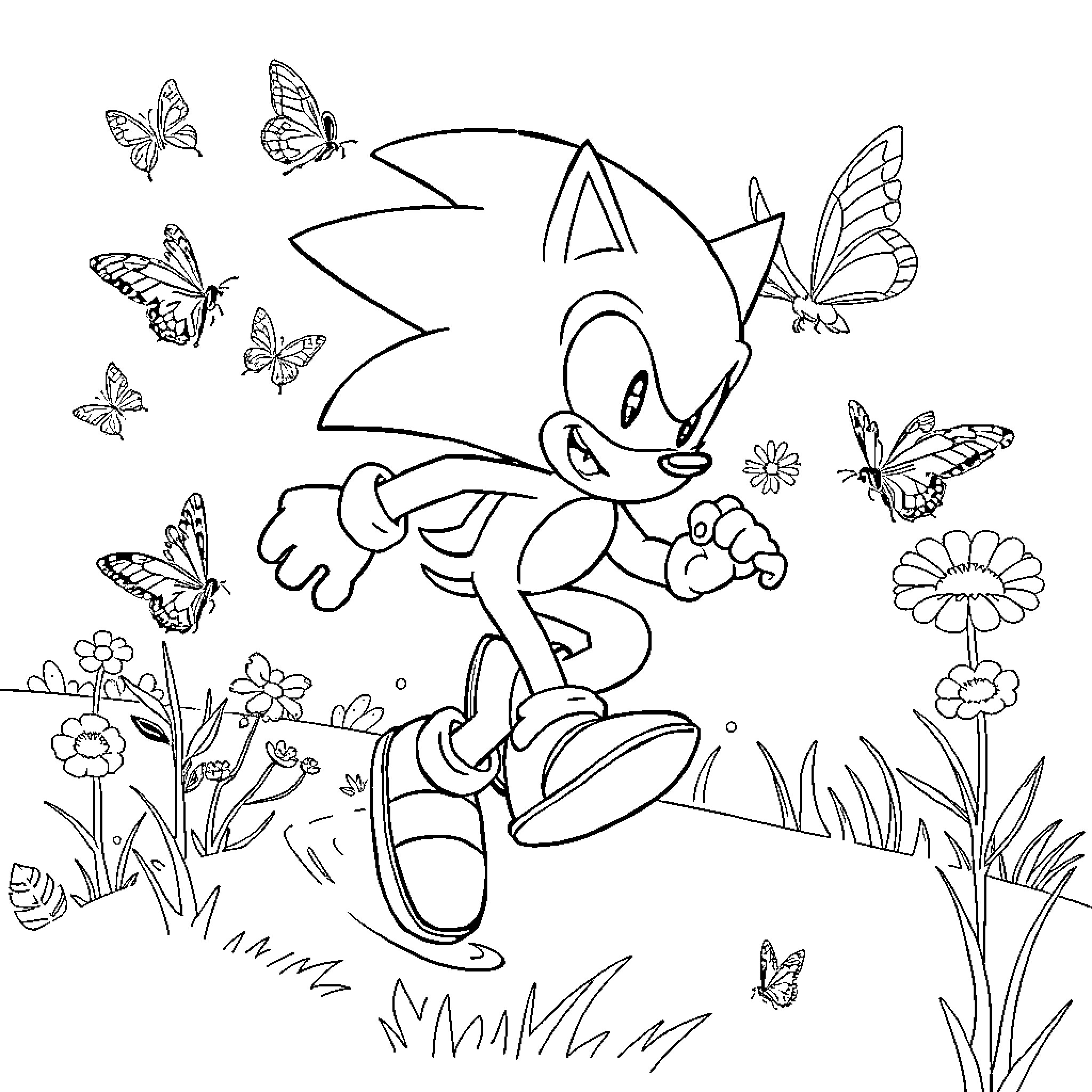 Sonic's Joyful Adventure Amid Butterflies and Flowers Coloring Page (free black-and-white line drawing printable PDF for all, from beginners to advanced learners, including children, teens, adults, and seniors)