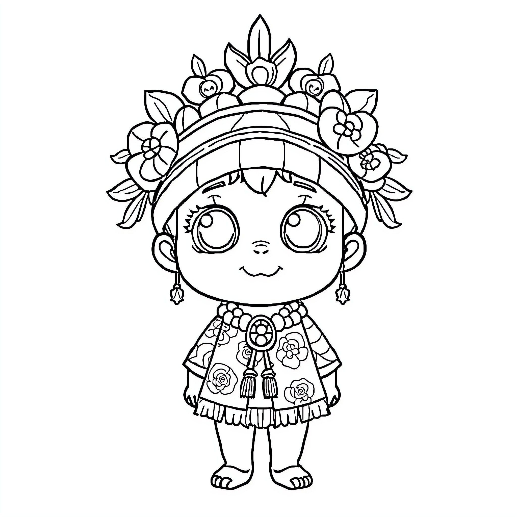 Labubu in Floral Costume with Crown Coloring Page (free black-and-white line drawing printable PDF for all, from beginners to advanced learners, including children, teens, adults, and seniors)
