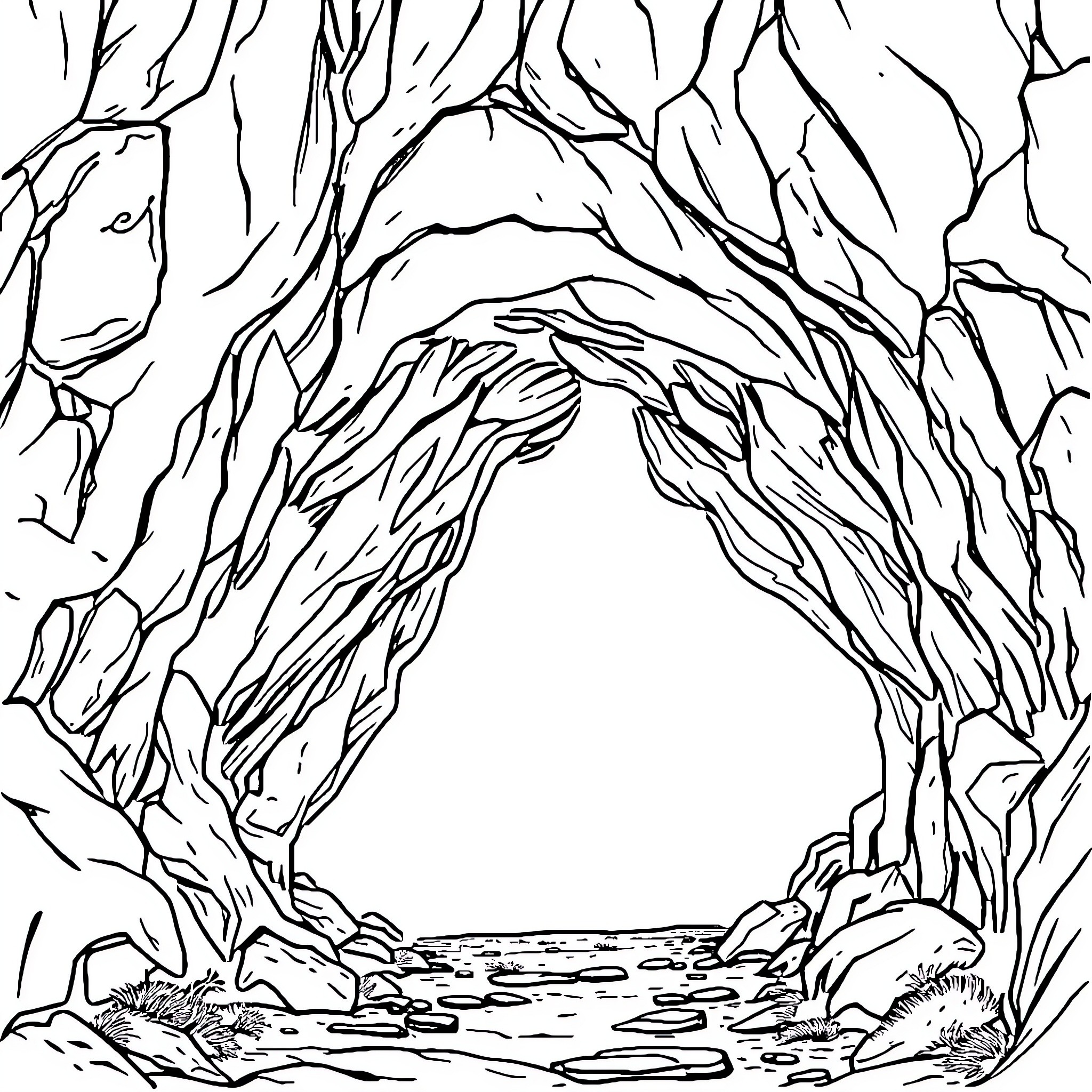 Spiderweb-like forest path leading to a clearing Coloring Page (free black-and-white line drawing printable PDF for all, from beginners to advanced learners, including children, teens, adults, and seniors)