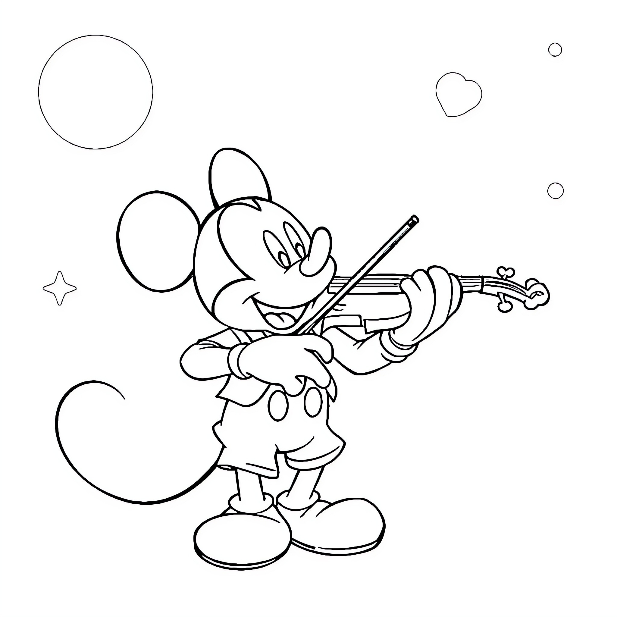 Mickey playing the violin with bubbles Coloring Page (free black-and-white line drawing printable PDF for all, from beginners to advanced learners, including children, teens, adults, and seniors)