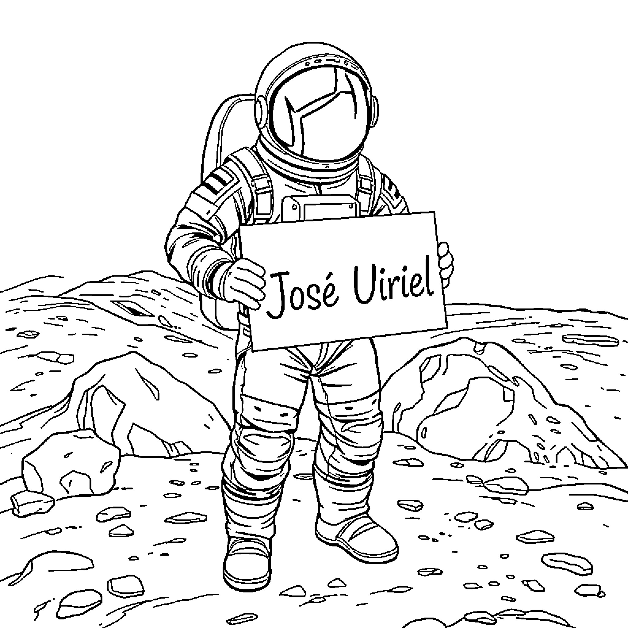 Astronaut holding a sign on the lunar surface Coloring Page (free black-and-white line drawing printable PDF for all, from beginners to advanced learners, including children, teens, adults, and seniors)