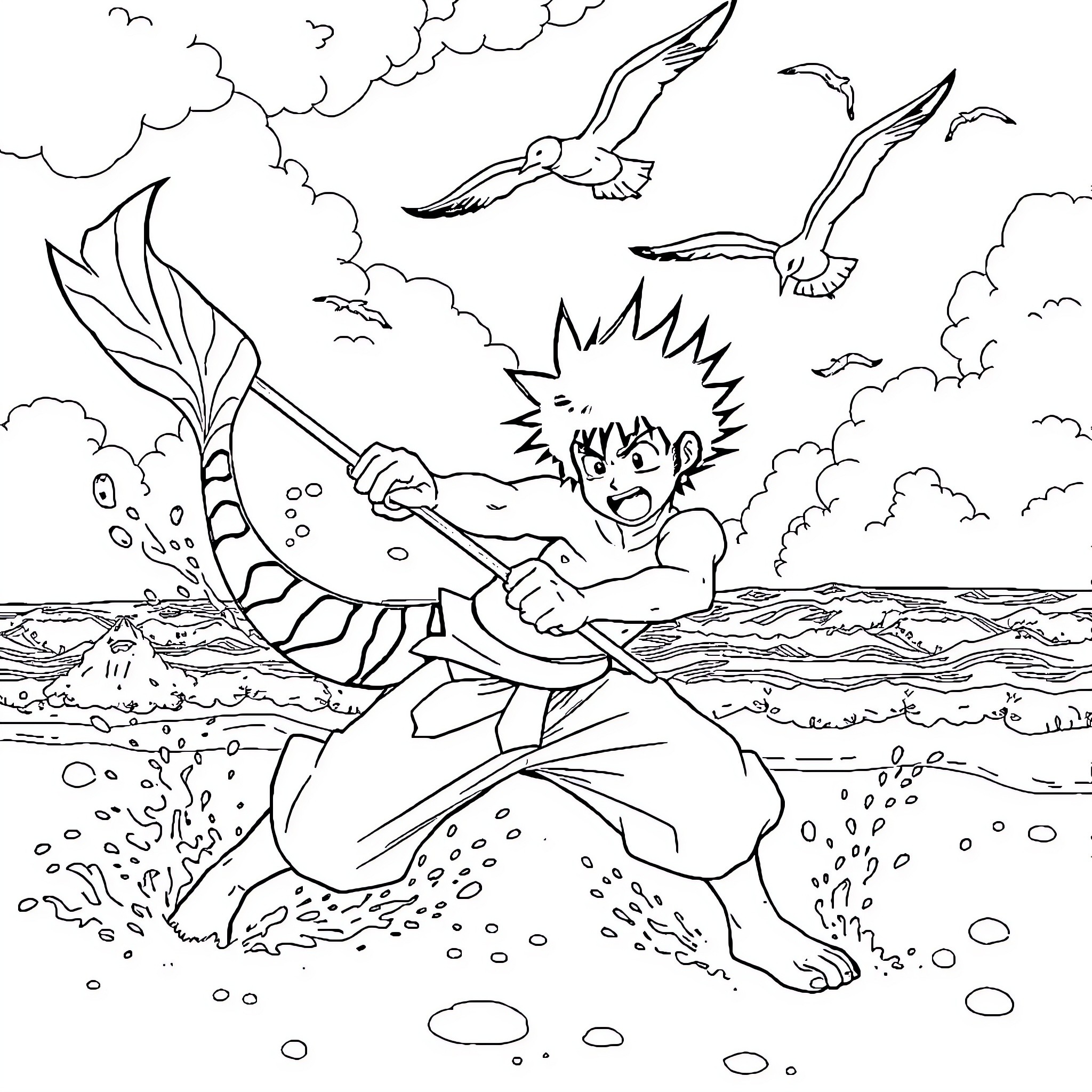 Inosuke fighting against the waves in a stormy sea Coloring Page (free black-and-white line drawing printable PDF for all, from beginners to advanced learners, including children, teens, adults, and seniors)