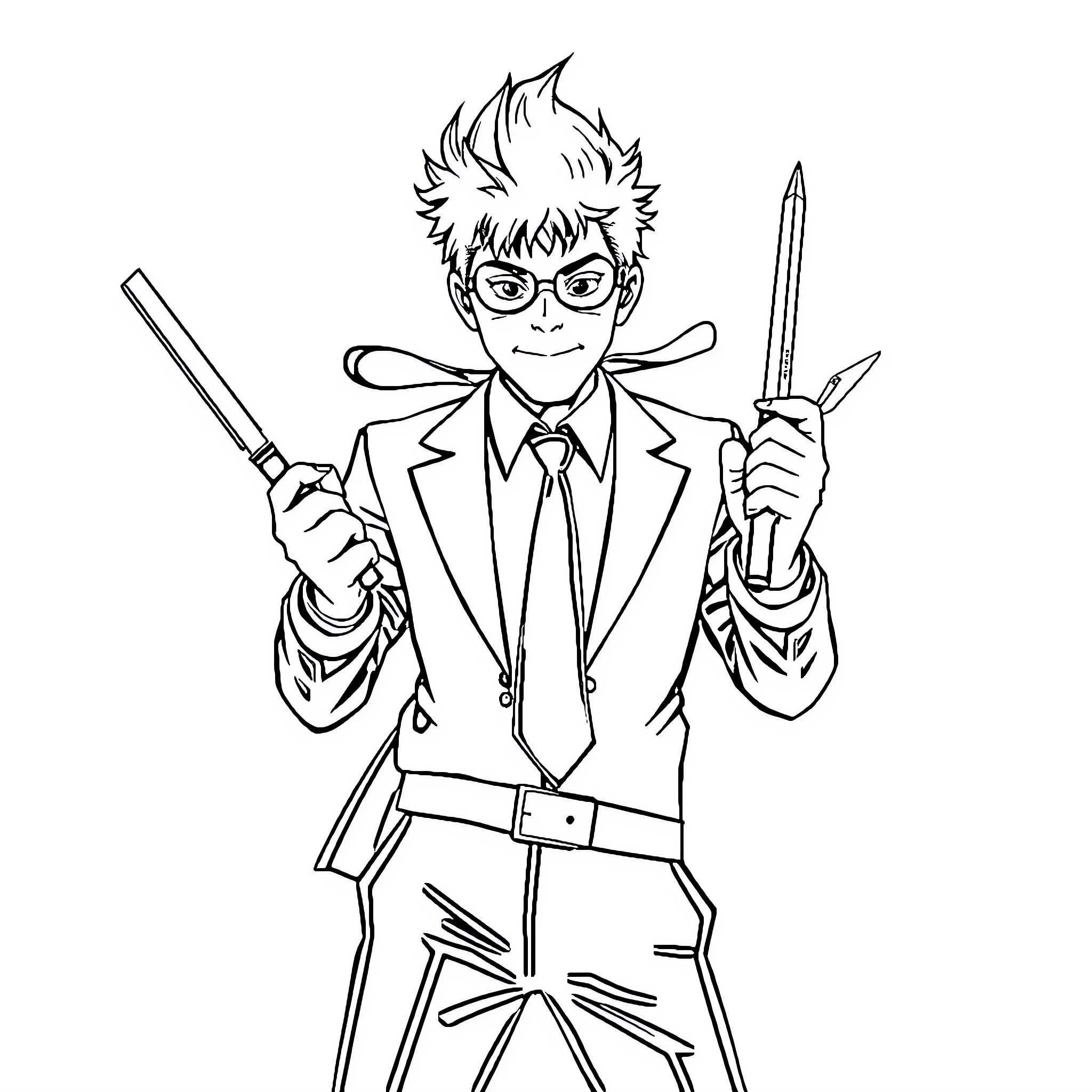 Napoleon Dynamite Holding Weapons in Suit Coloring Page (free black-and-white line drawing printable PDF for all, from beginners to advanced learners, including children, teens, adults, and seniors)