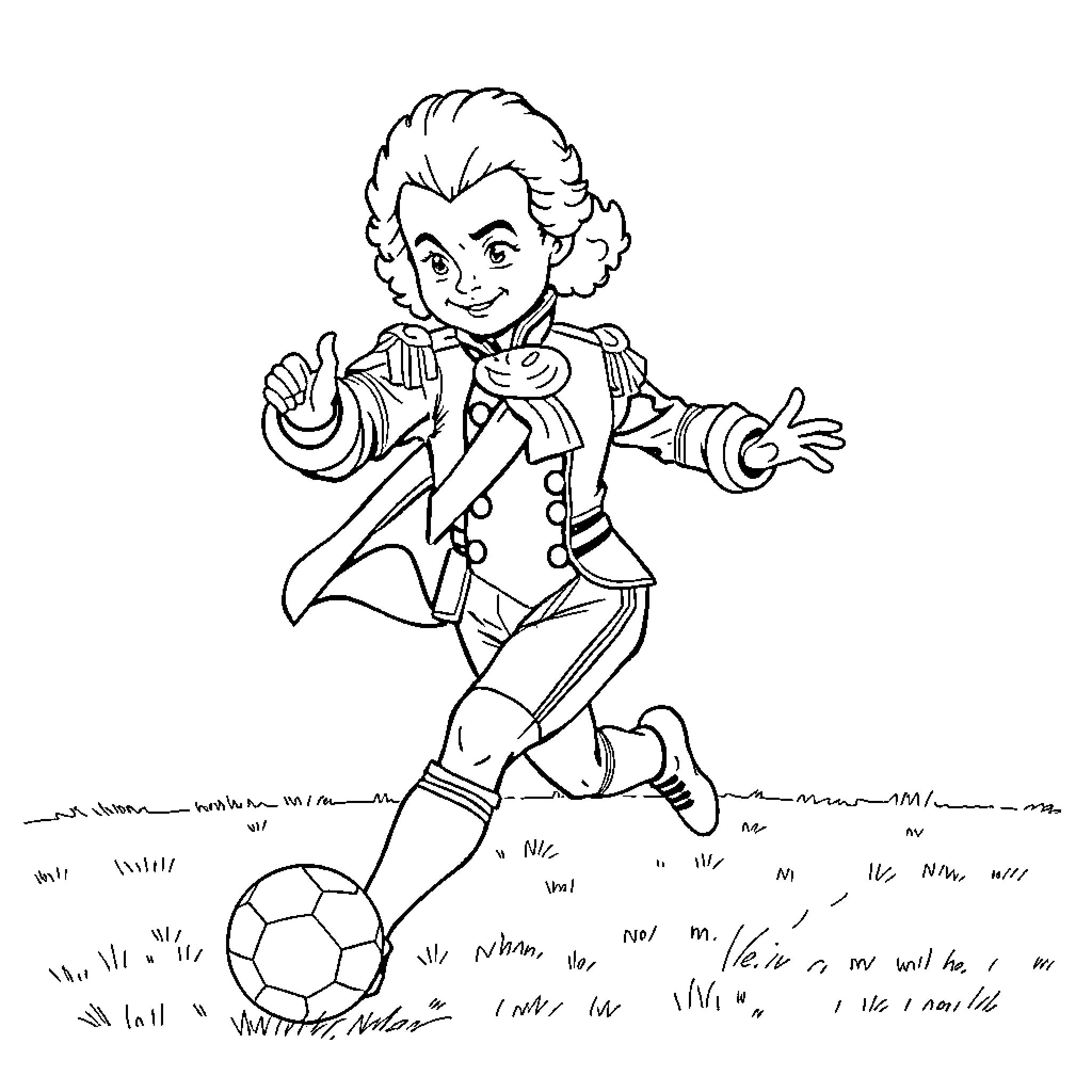 Mozart playing soccer in the park Coloring Page (free black-and-white line drawing printable PDF for all, from beginners to advanced learners, including children, teens, adults, and seniors)