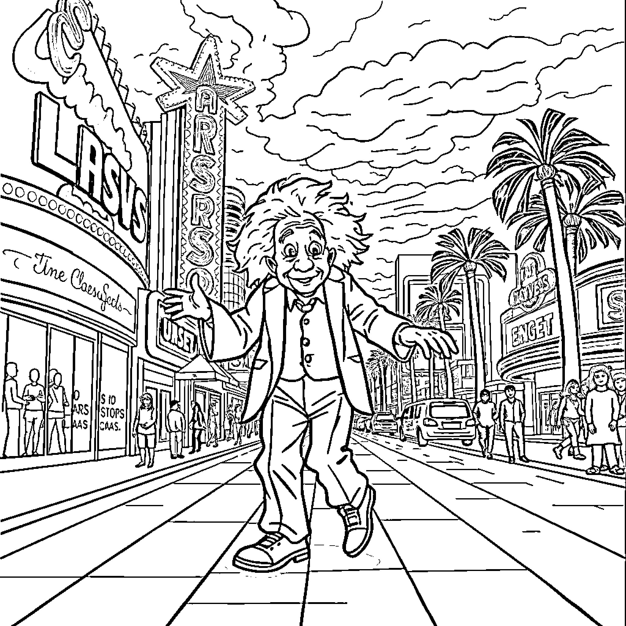 Albert Einstein in Hollywood: Carefree and Whimsical Coloring Page (free black-and-white line drawing printable PDF for all, from beginners to advanced learners, including children, teens, adults, and seniors)