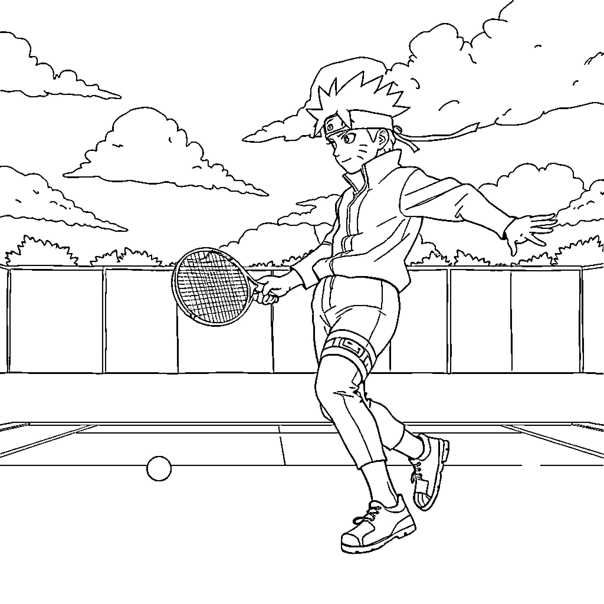 Naruto playing tennis on the court Coloring Page (free black-and-white line drawing printable PDF for all, from beginners to advanced learners, including children, teens, adults, and seniors)