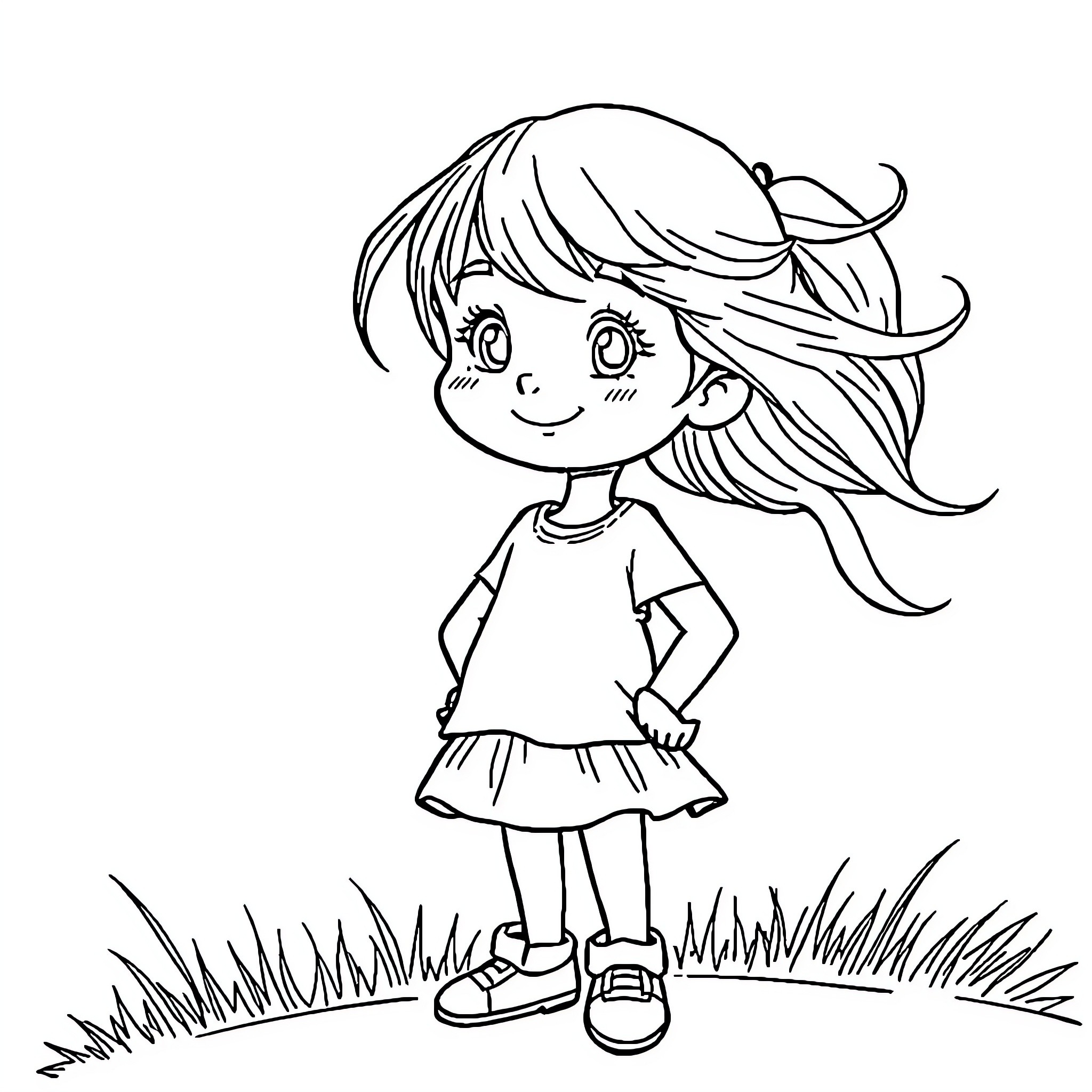 Teen Girl in Casual Outfit Smiling Outdoors Coloring Page (free black-and-white line drawing printable PDF for all, from beginners to advanced learners, including children, teens, adults, and seniors)