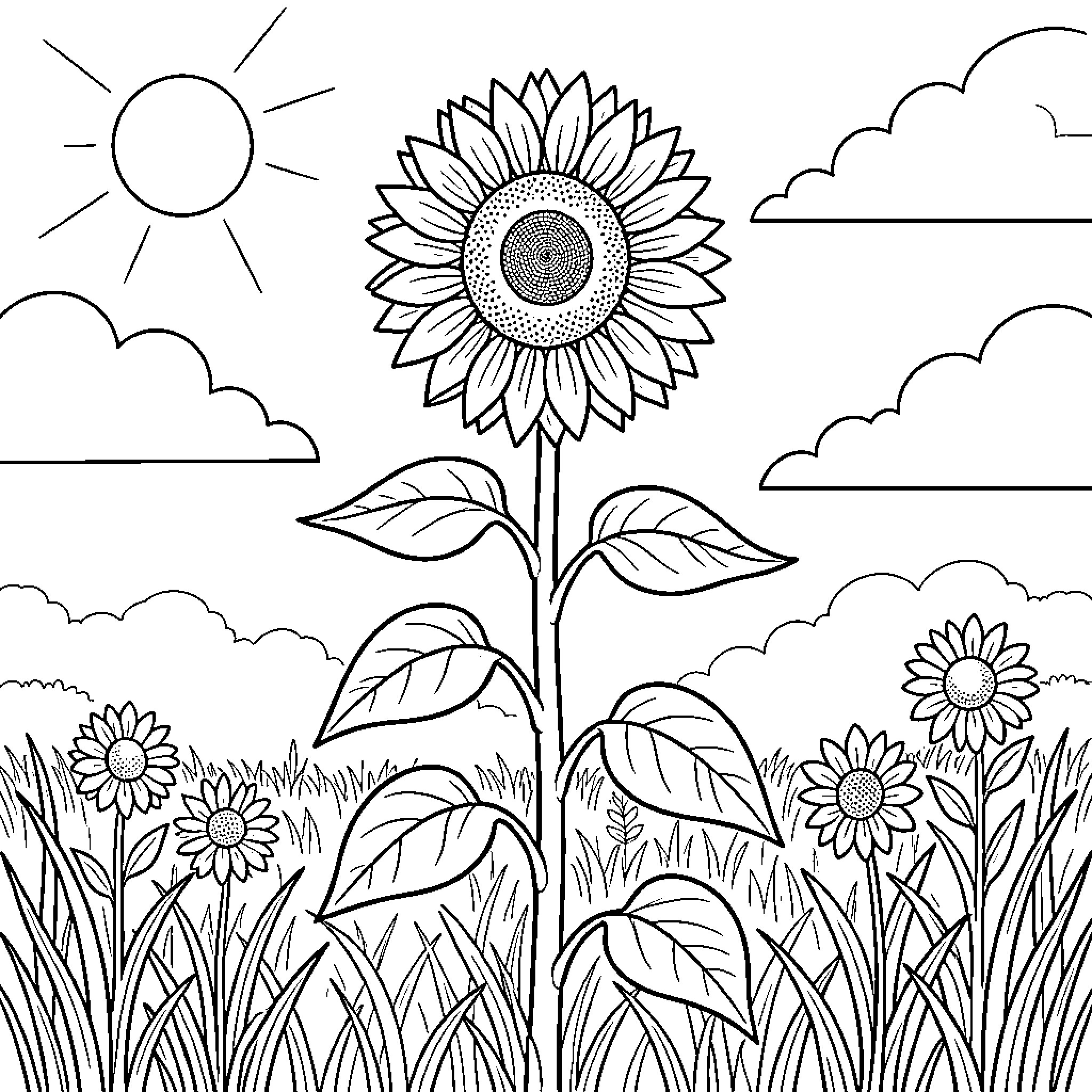 Sunflower growing tall under a bright sunny sky Coloring Page (free black-and-white line drawing printable PDF for all, from beginners to advanced learners, including children, teens, adults, and seniors)