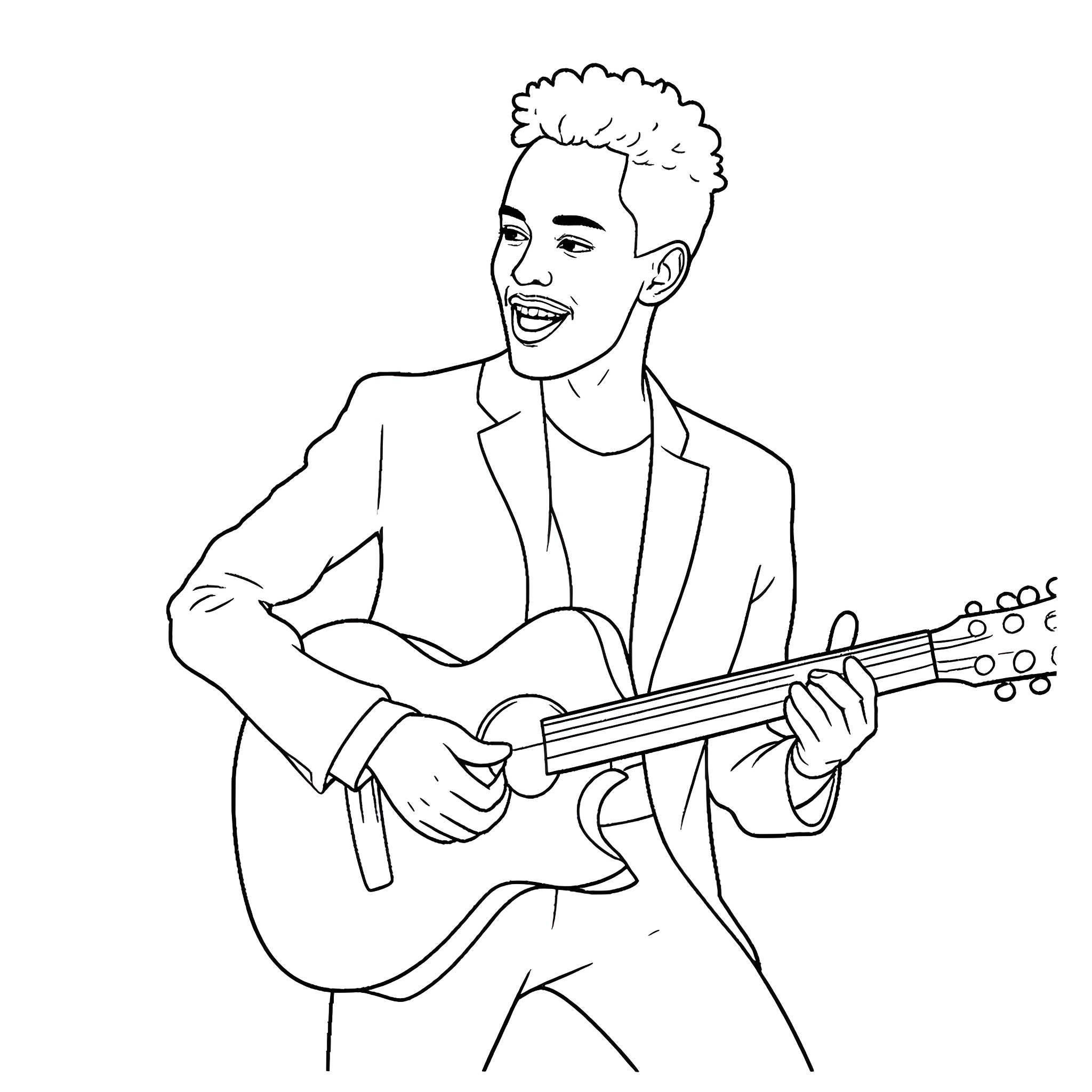 Bruno Mars playing guitar and smiling joyfully Coloring Page (free black-and-white line drawing printable PDF for all, from beginners to advanced learners, including children, teens, adults, and seniors)