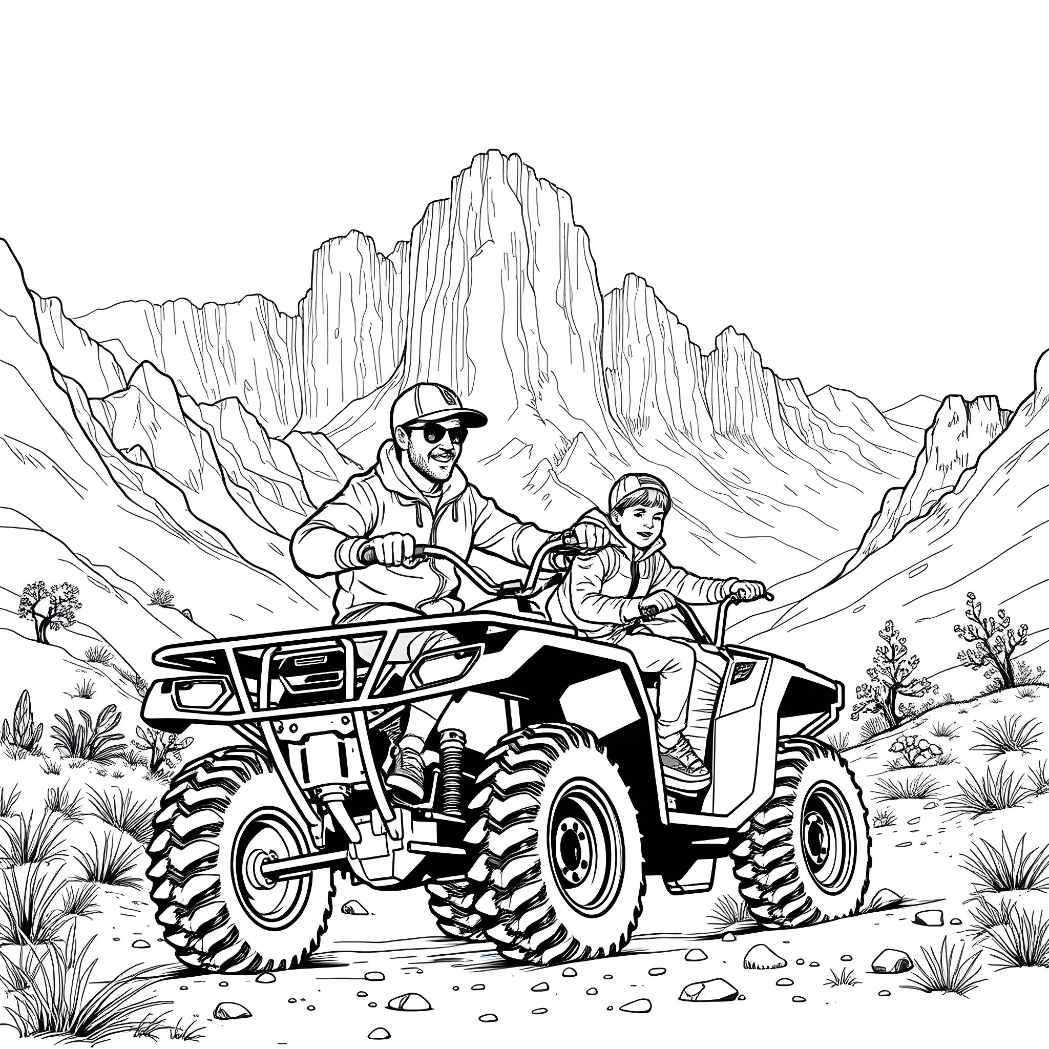 4 Wheeler Adventure in the Rugged Wilderness Coloring Page (free black-and-white line drawing printable PDF for all, from beginners to advanced learners, including children, teens, adults, and seniors)
