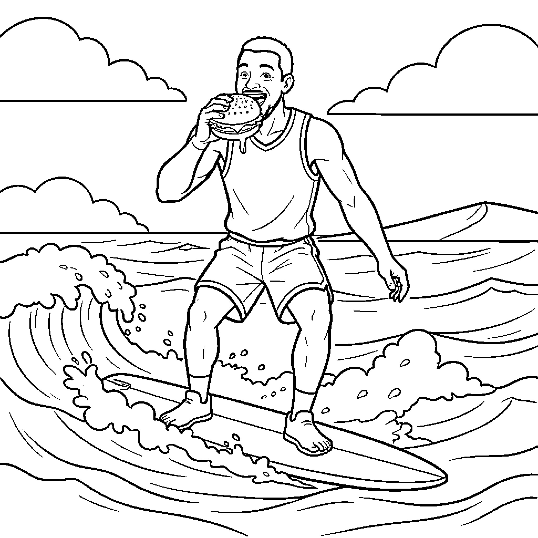 Basketball Player Enjoying a Refreshing Snack by the Beach Coloring Page (free black-and-white line drawing printable PDF for all, from beginners to advanced learners, including children, teens, adults, and seniors)