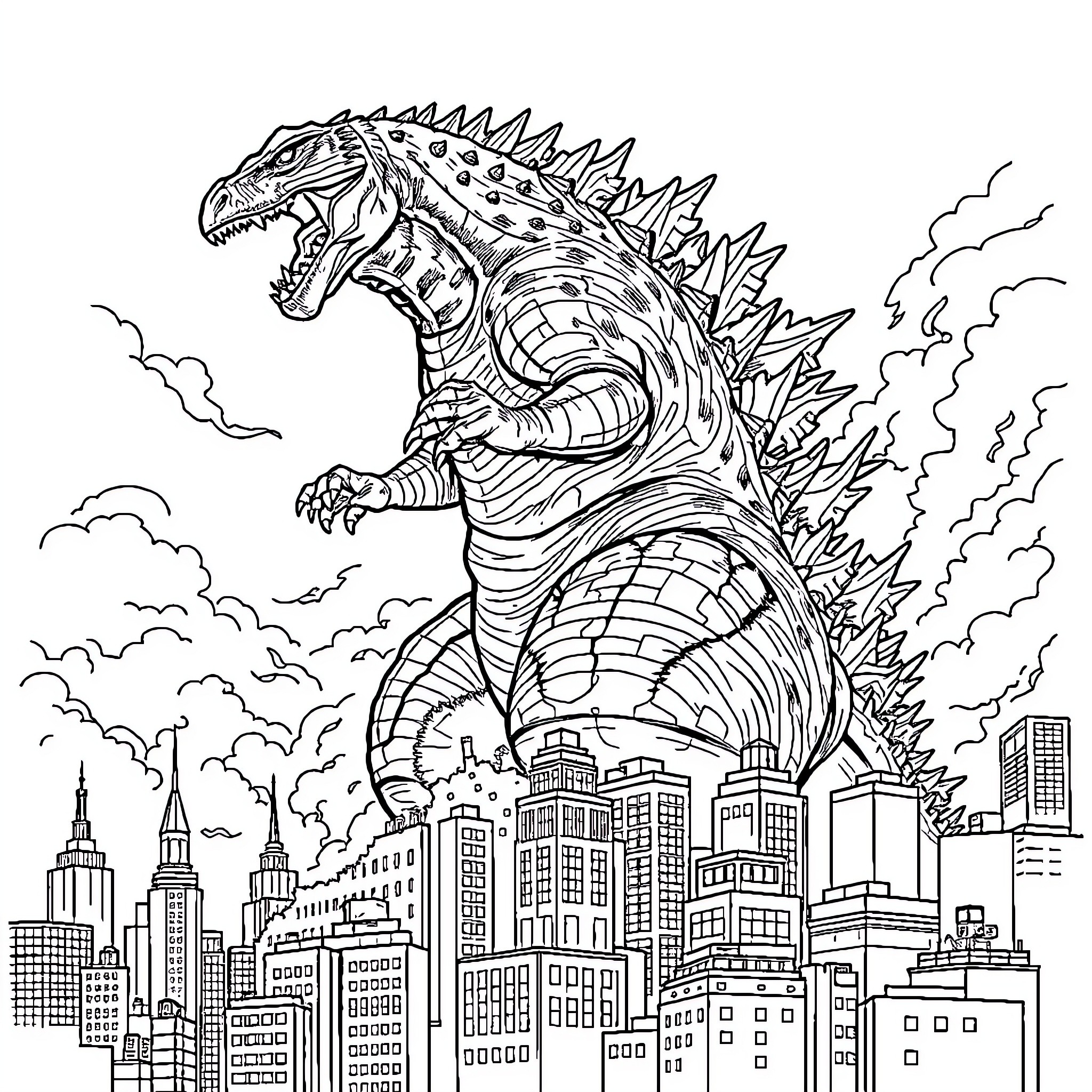 Godzilla rampaging through the city skyline Coloring Page (free black-and-white line drawing printable PDF for all, from beginners to advanced learners, including children, teens, adults, and seniors)