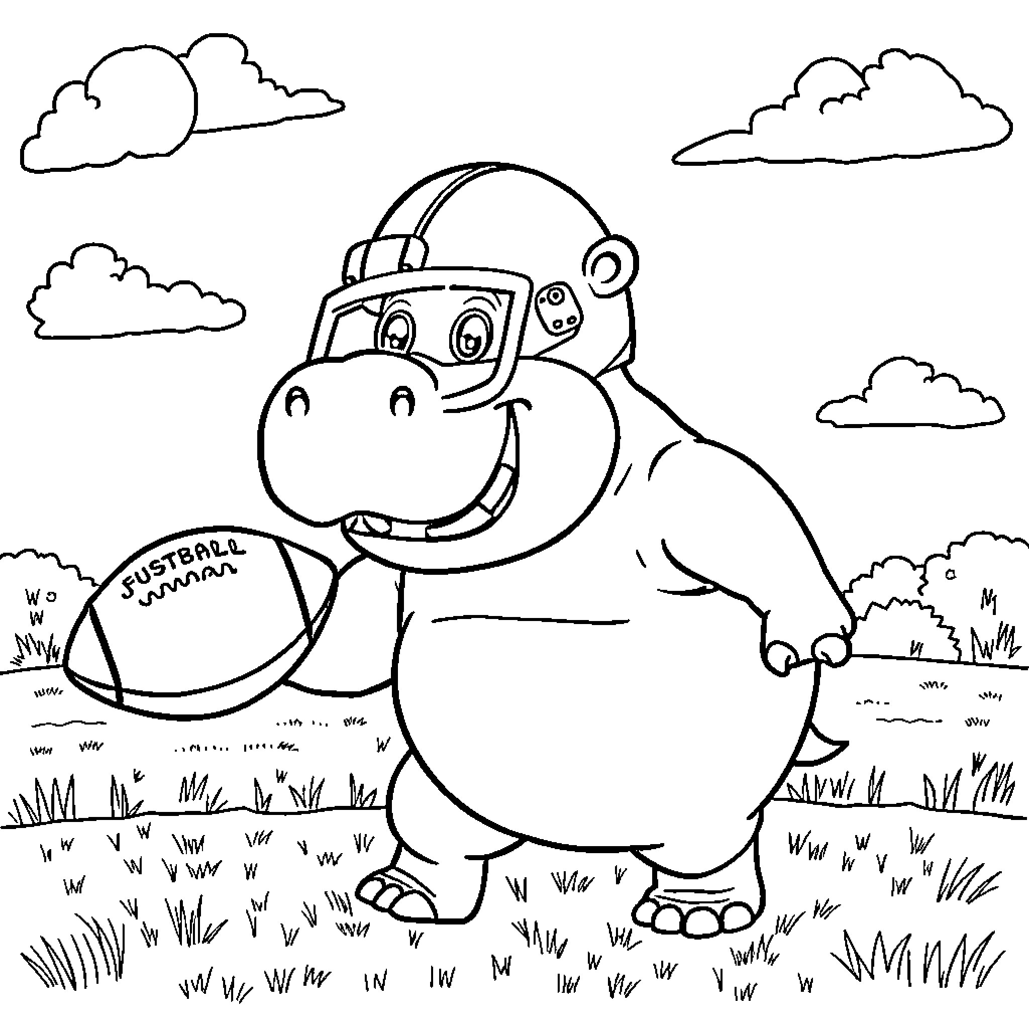 Hippo playing football happily on the field Coloring Page (free black-and-white line drawing printable PDF for all, from beginners to advanced learners, including children, teens, adults, and seniors)