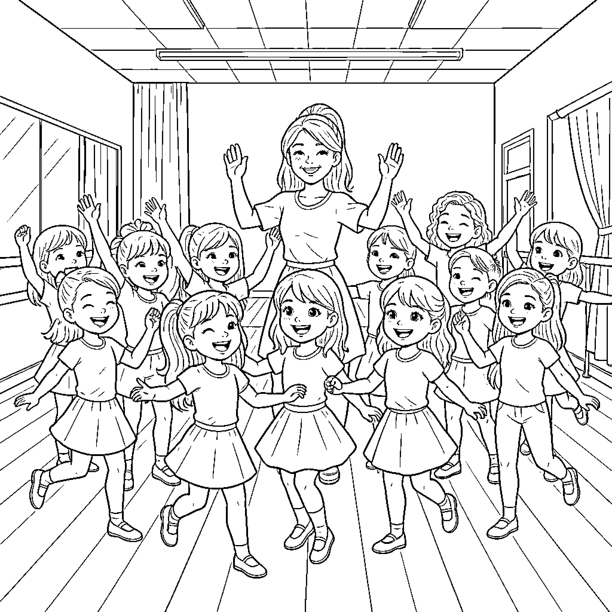 Girl Leading a Group of Enthusiastic Children Coloring Page (free black-and-white line drawing printable PDF for all, from beginners to advanced learners, including children, teens, adults, and seniors)