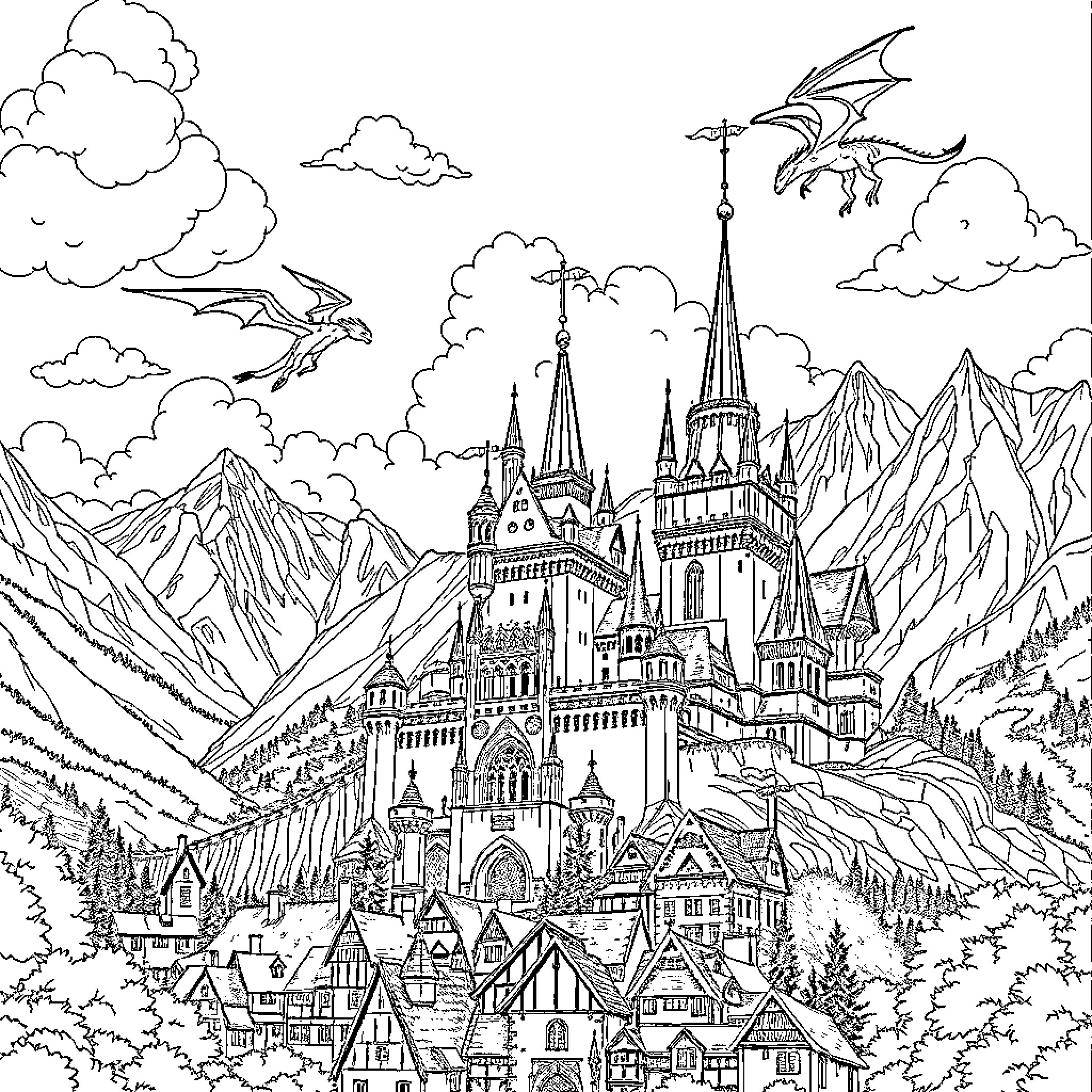 Castle of Enchantment Amidst Majestic Mountains Coloring Page (free black-and-white line drawing printable PDF for all, from beginners to advanced learners, including children, teens, adults, and seniors)