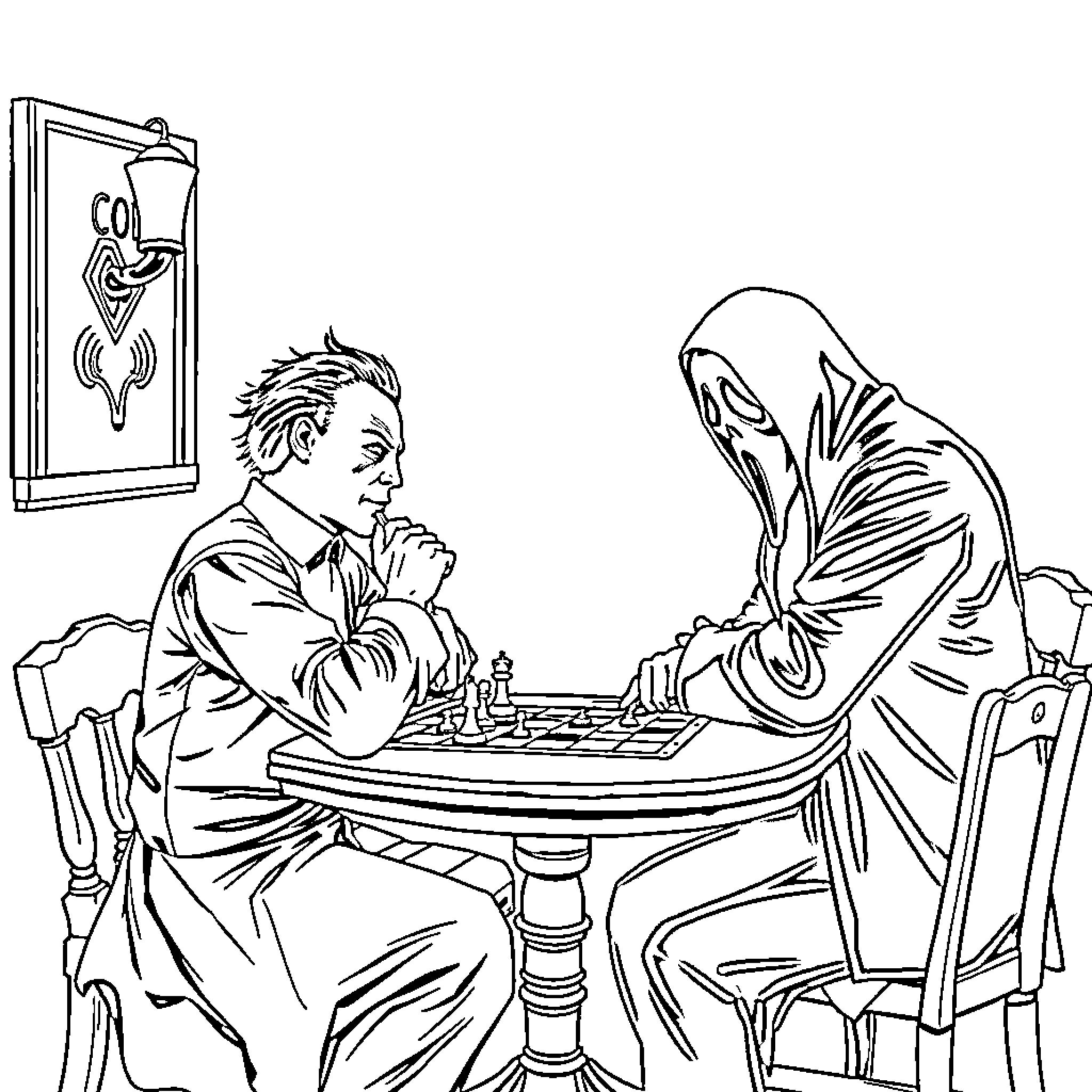 Michael Myers playing chess with a mysterious figure Coloring Page (free black-and-white line drawing printable PDF for all, from beginners to advanced learners, including children, teens, adults, and seniors)