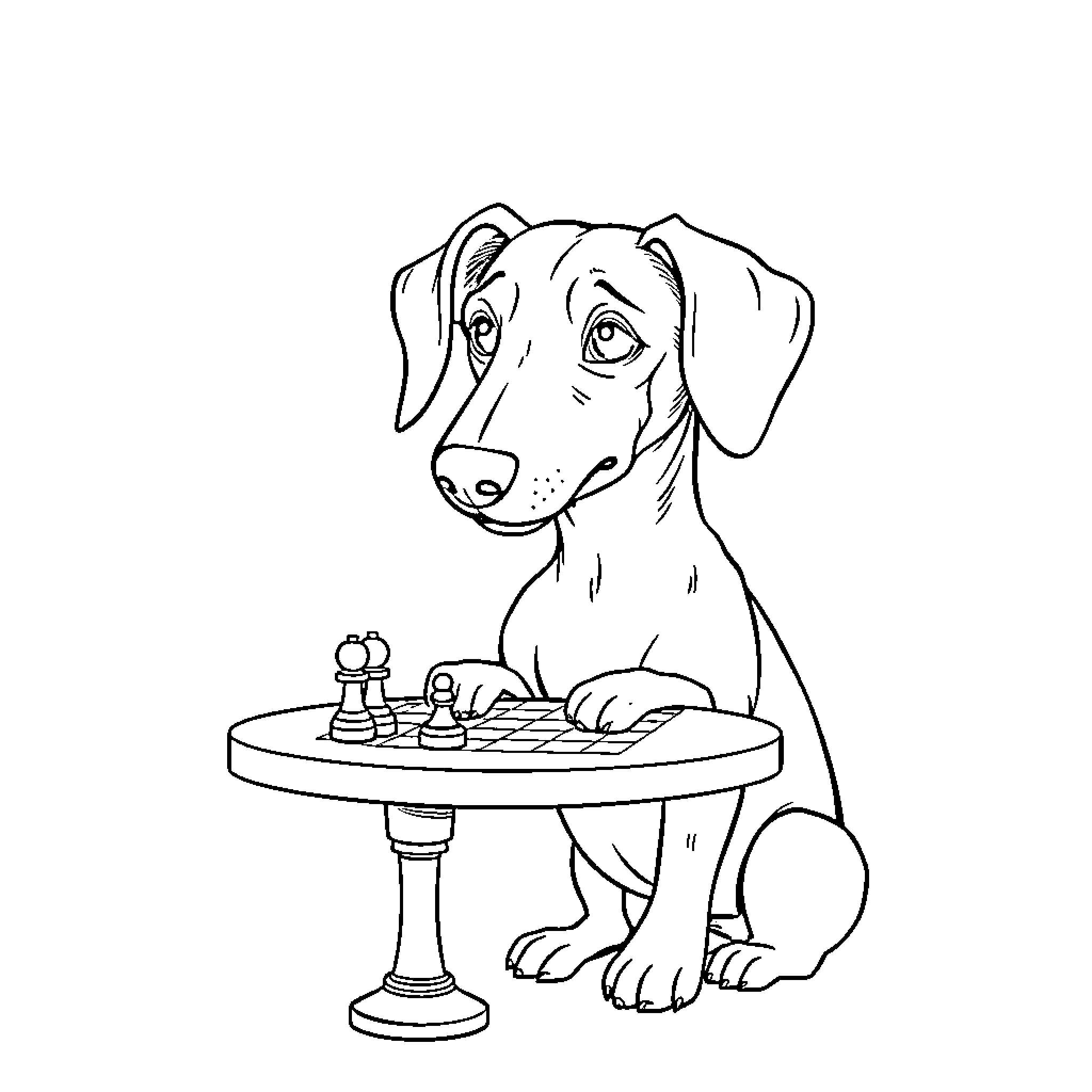 Wiener Dog Playing Chess Attentively Coloring Page (free black-and-white line drawing printable PDF for all, from beginners to advanced learners, including children, teens, adults, and seniors)
