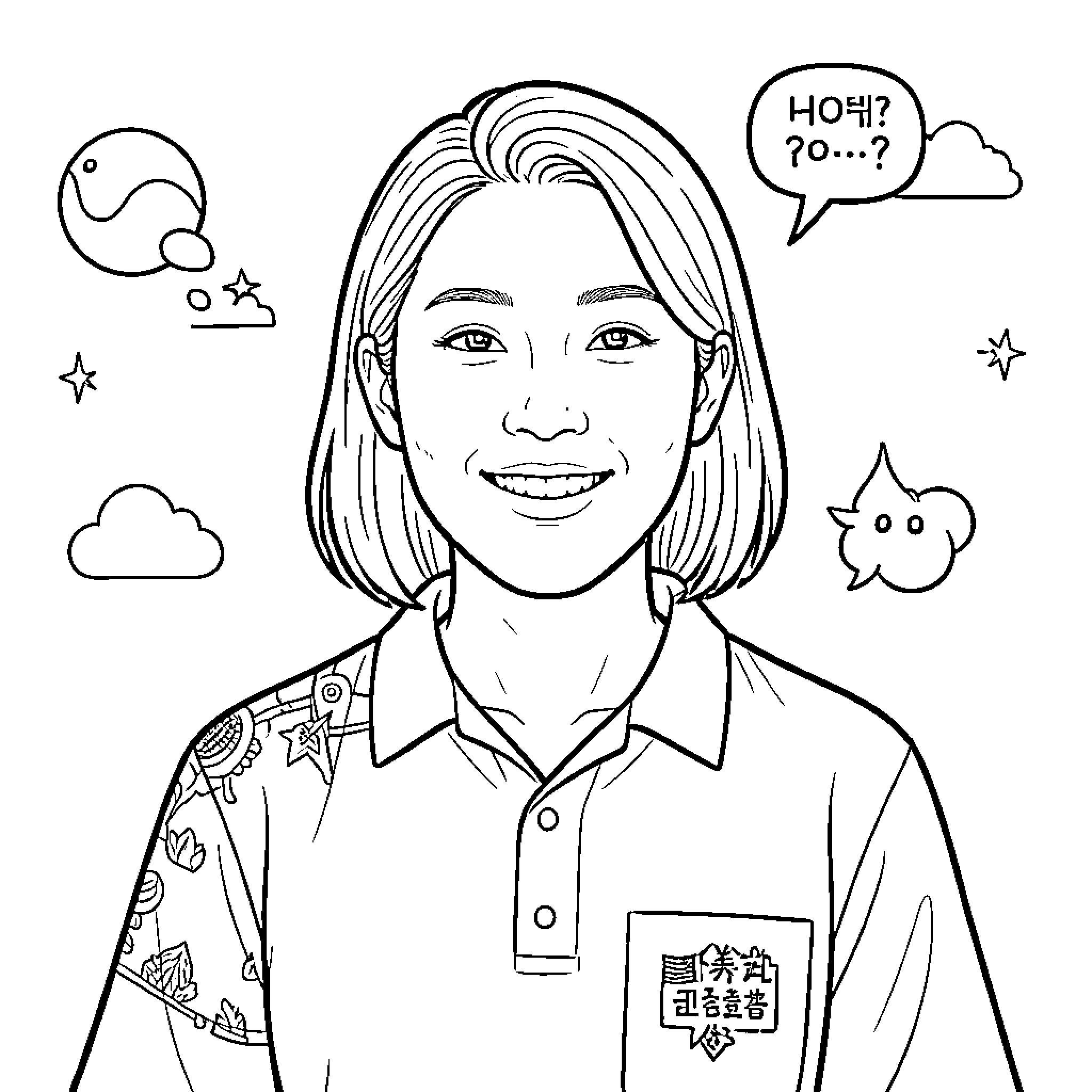 Korean American woman smiling with thoughtful expressions and speech bubble Coloring Page (free black-and-white line drawing printable PDF for all, from beginners to advanced learners, including children, teens, adults, and seniors)