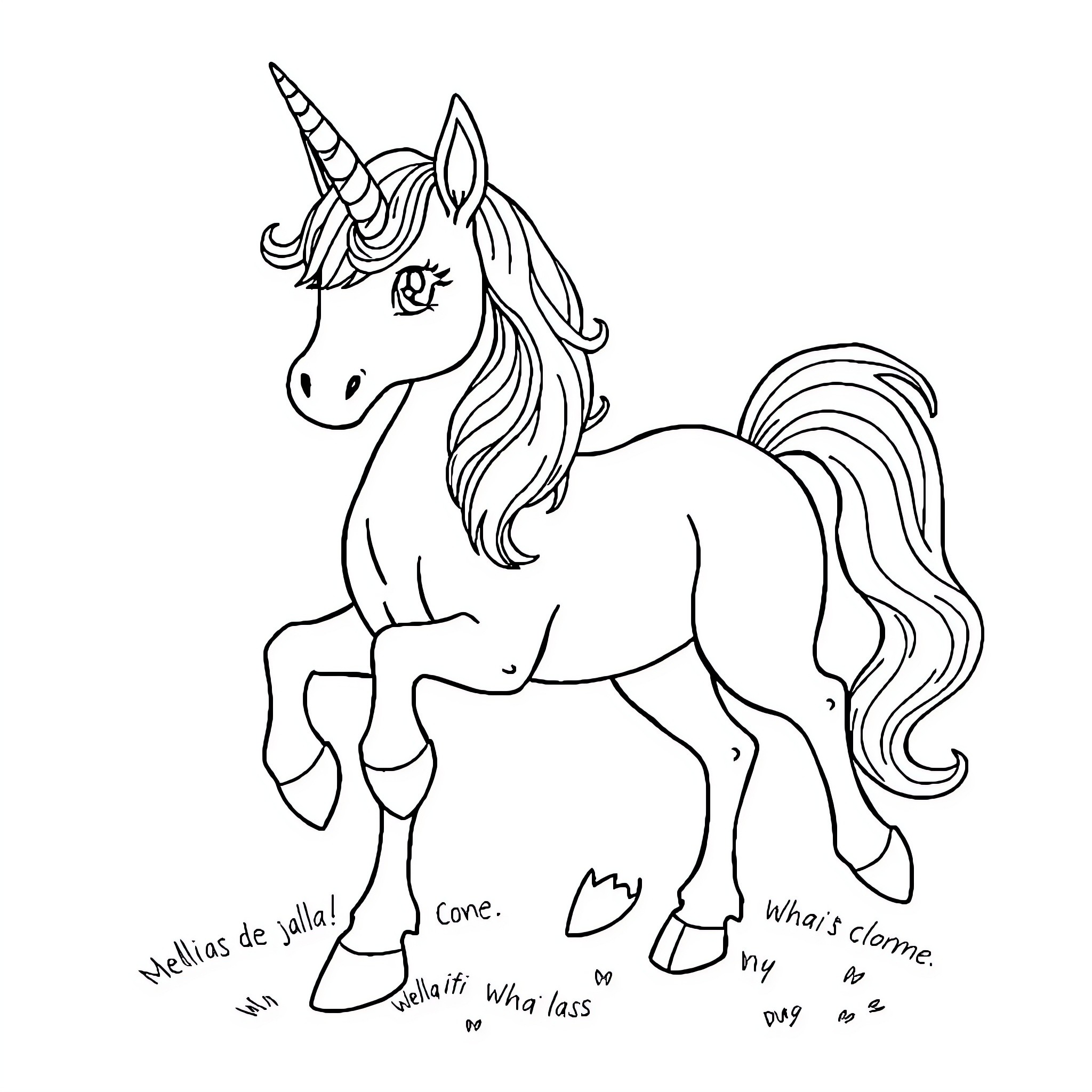 Unicorn standing proudly with whimsical expressions Coloring Page (free black-and-white line drawing printable PDF for all, from beginners to advanced learners, including children, teens, adults, and seniors)