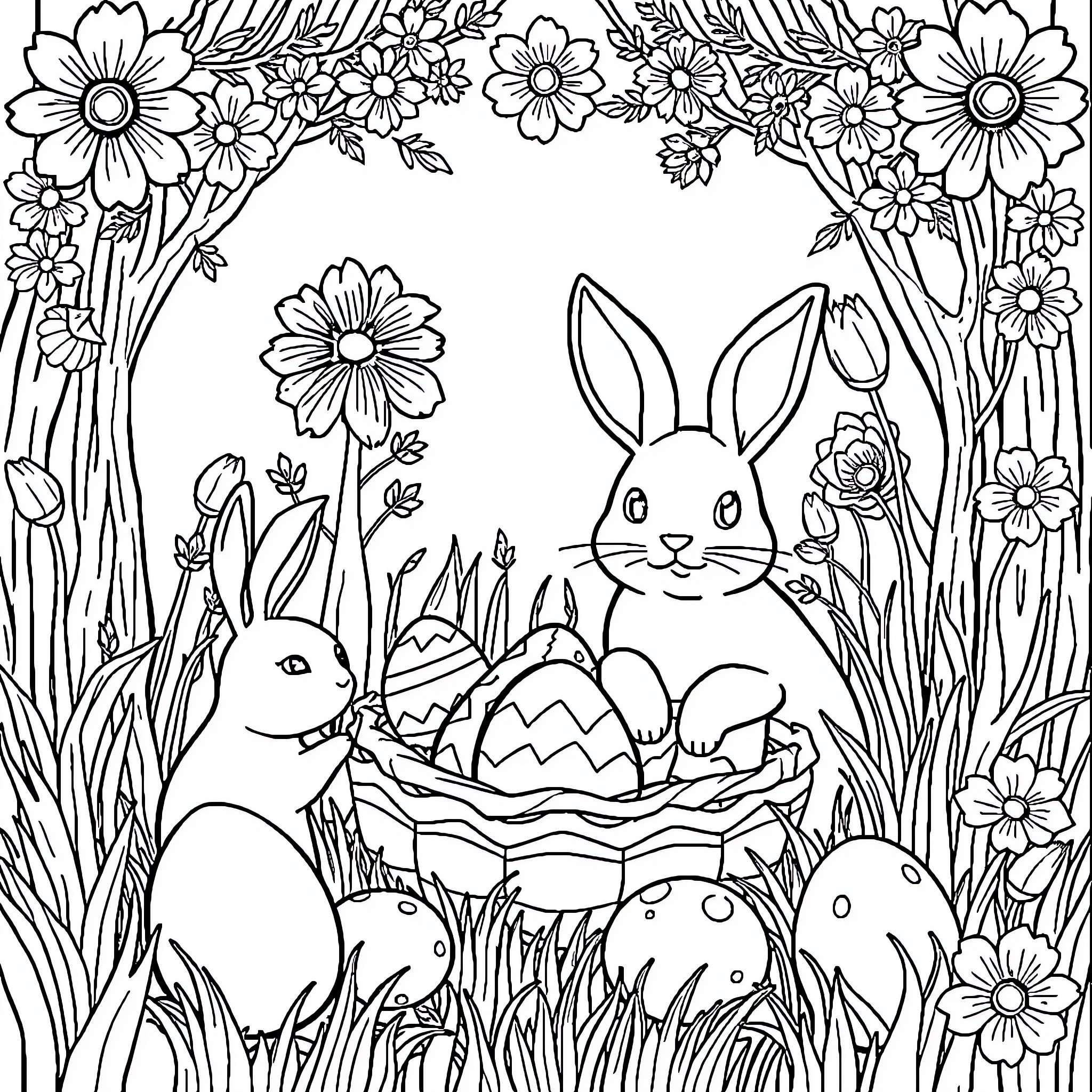 Christian Bunnies Celebrating Easter Surrounded by Flowers Coloring Page (free black-and-white line drawing printable PDF for all, from beginners to advanced learners, including children, teens, adults, and seniors)