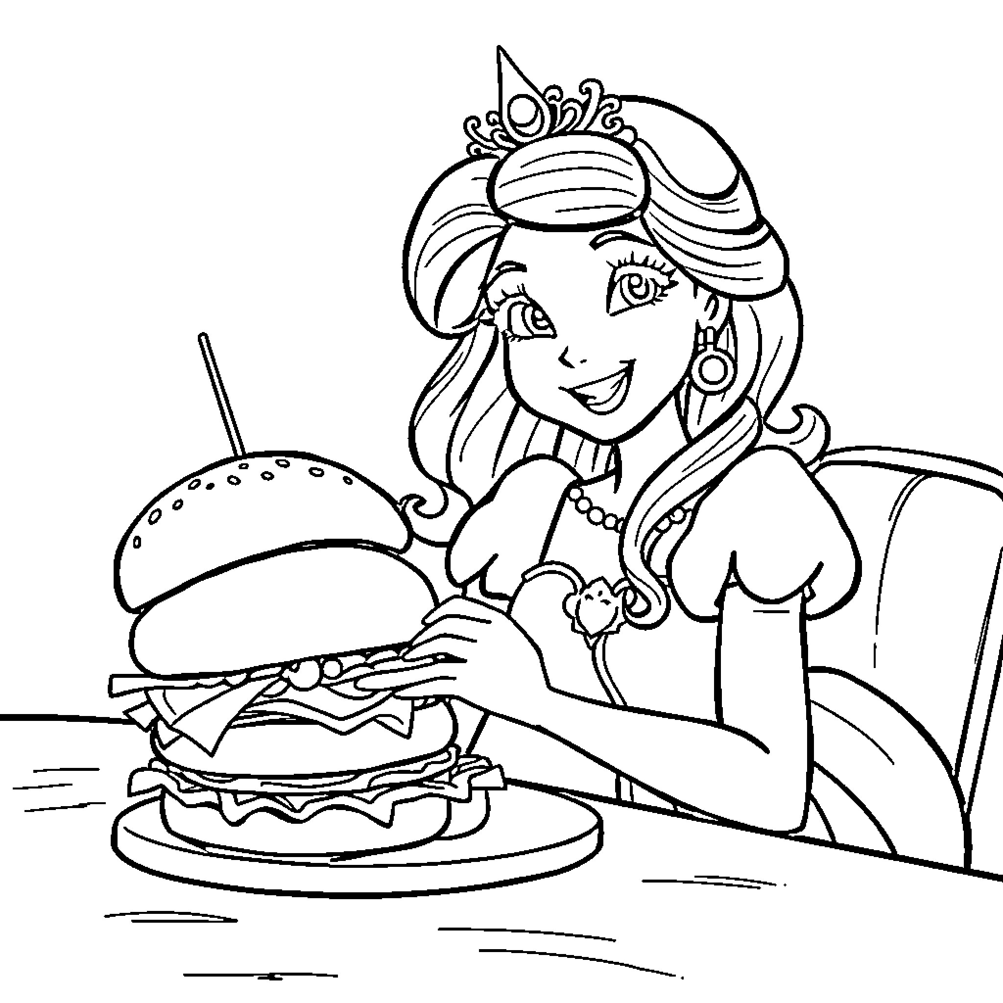 Princess enjoying a delicious burger Coloring Page (free black-and-white line drawing printable PDF for all, from beginners to advanced learners, including children, teens, adults, and seniors)