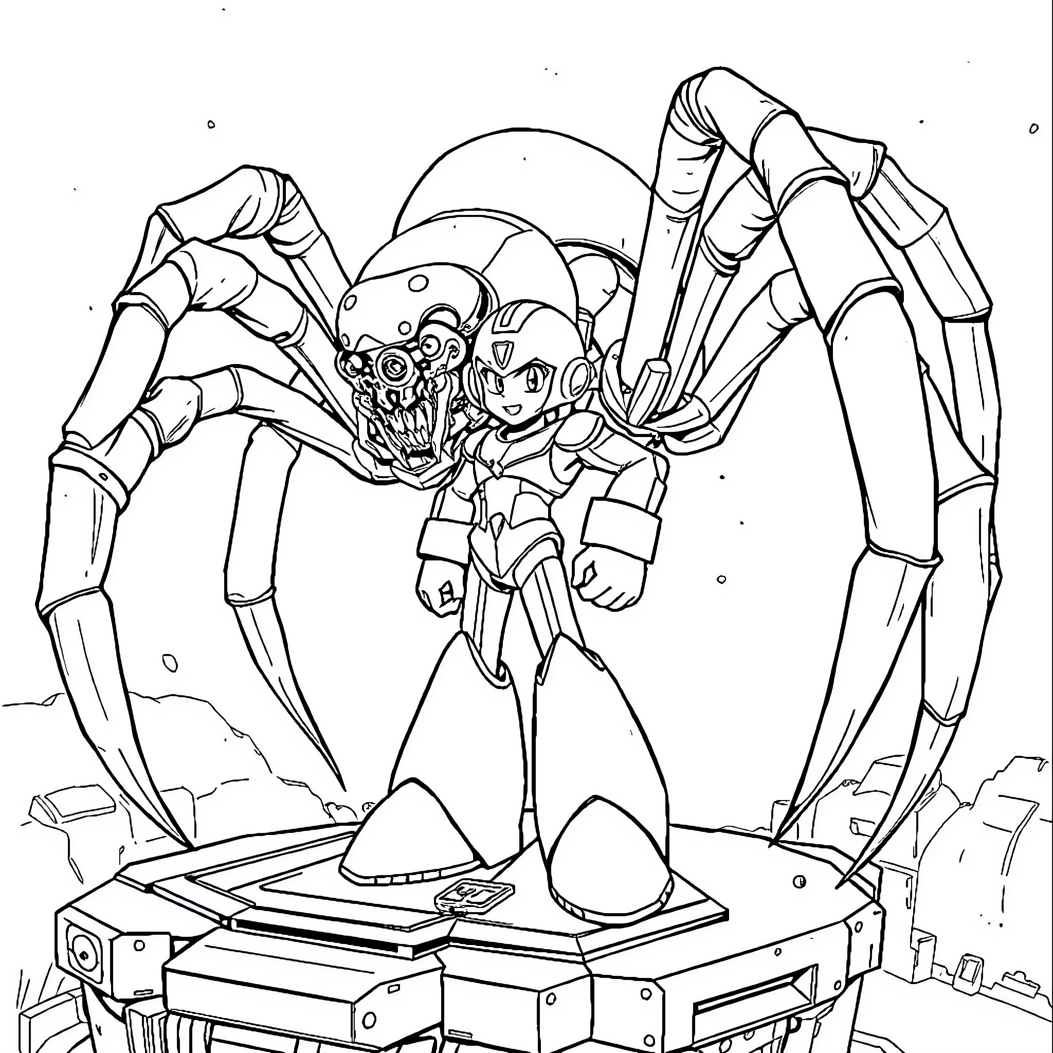 Mega Man battling a giant robotic enemy Coloring Page (free black-and-white line drawing printable PDF for all, from beginners to advanced learners, including children, teens, adults, and seniors)