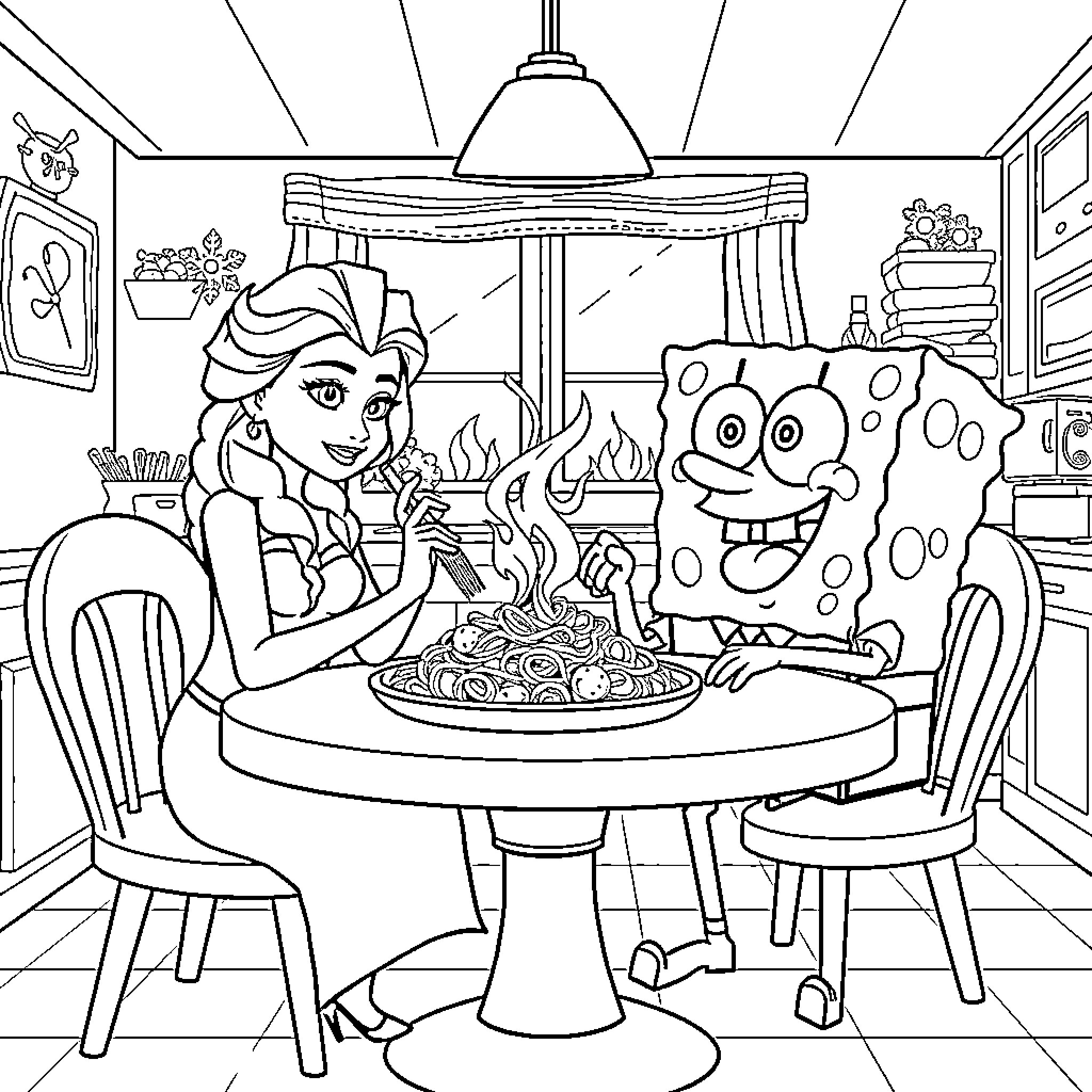 Elsa's Cozy Cooking Adventure with Spongebob Coloring Page (free black-and-white line drawing printable PDF for all, from beginners to advanced learners, including children, teens, adults, and seniors)