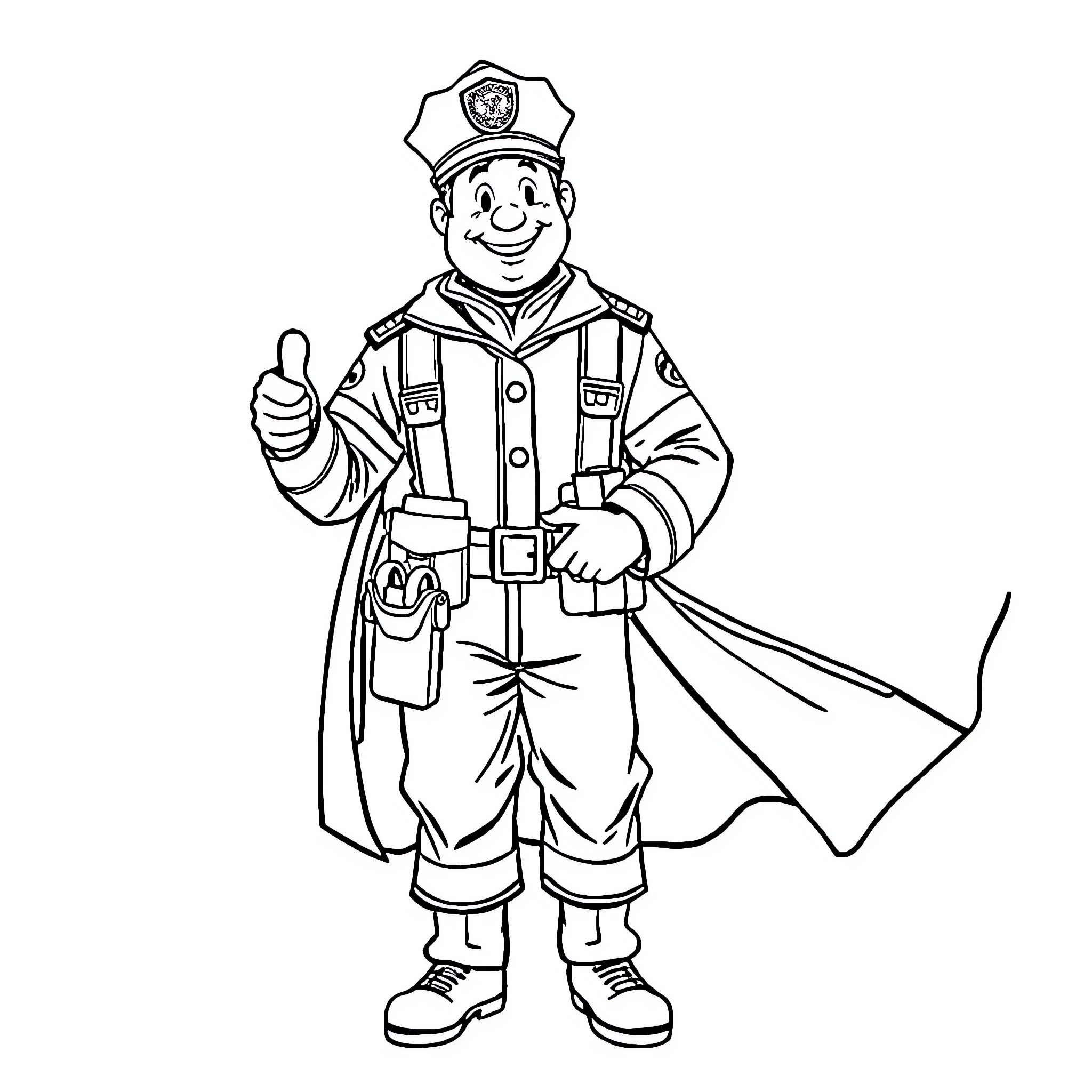 Firefighter shows thumbs up in uniform Coloring Page (free black-and-white line drawing printable PDF for all, from beginners to advanced learners, including children, teens, adults, and seniors)