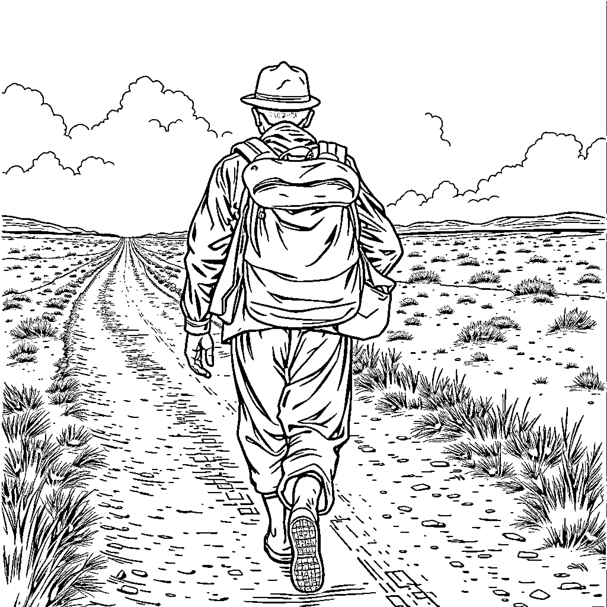 Migrant walking alone on a rural road Coloring Page (free black-and-white line drawing printable PDF for all, from beginners to advanced learners, including children, teens, adults, and seniors)