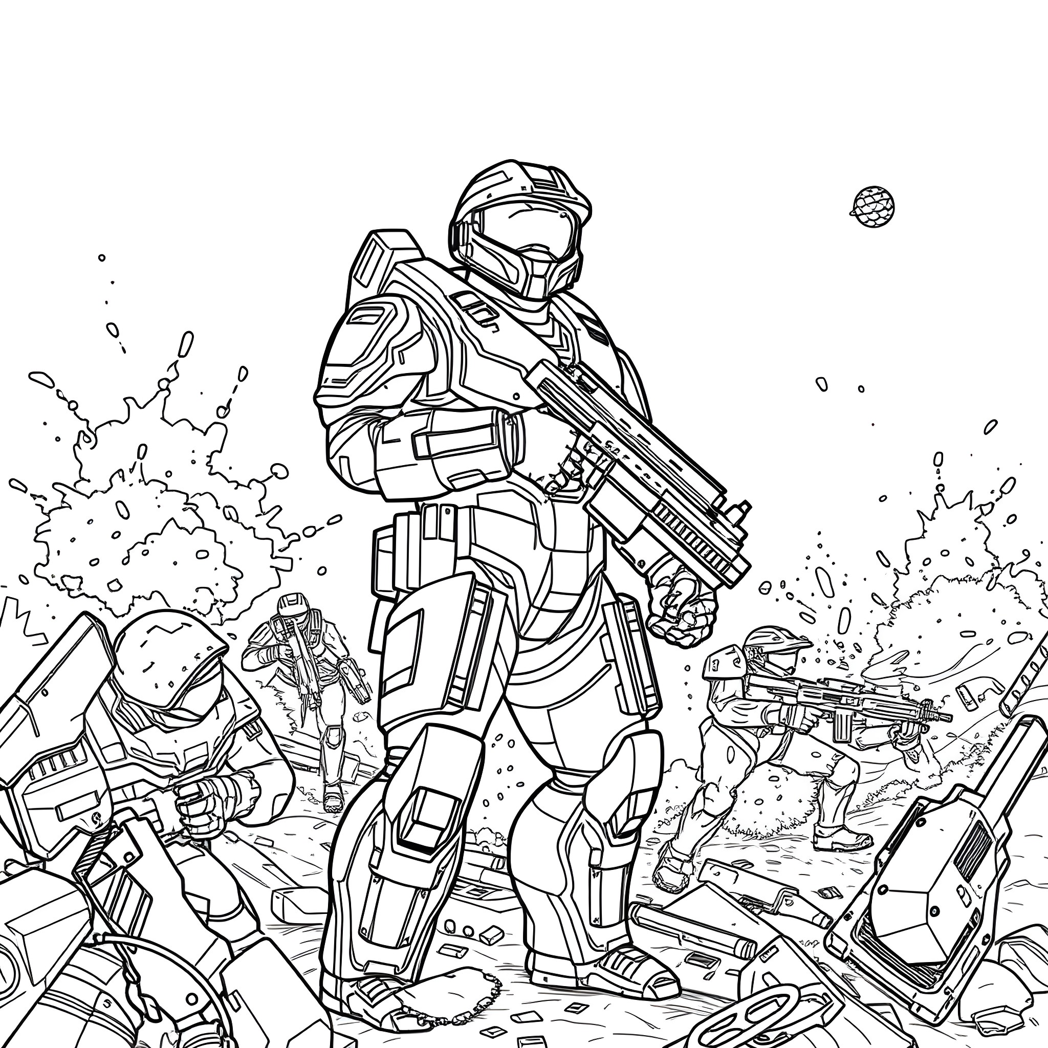 Master Chief in Intense Battle Amidst Futuristic Chaos Coloring Page (free black-and-white line drawing printable PDF for all, from beginners to advanced learners, including children, teens, adults, and seniors)
