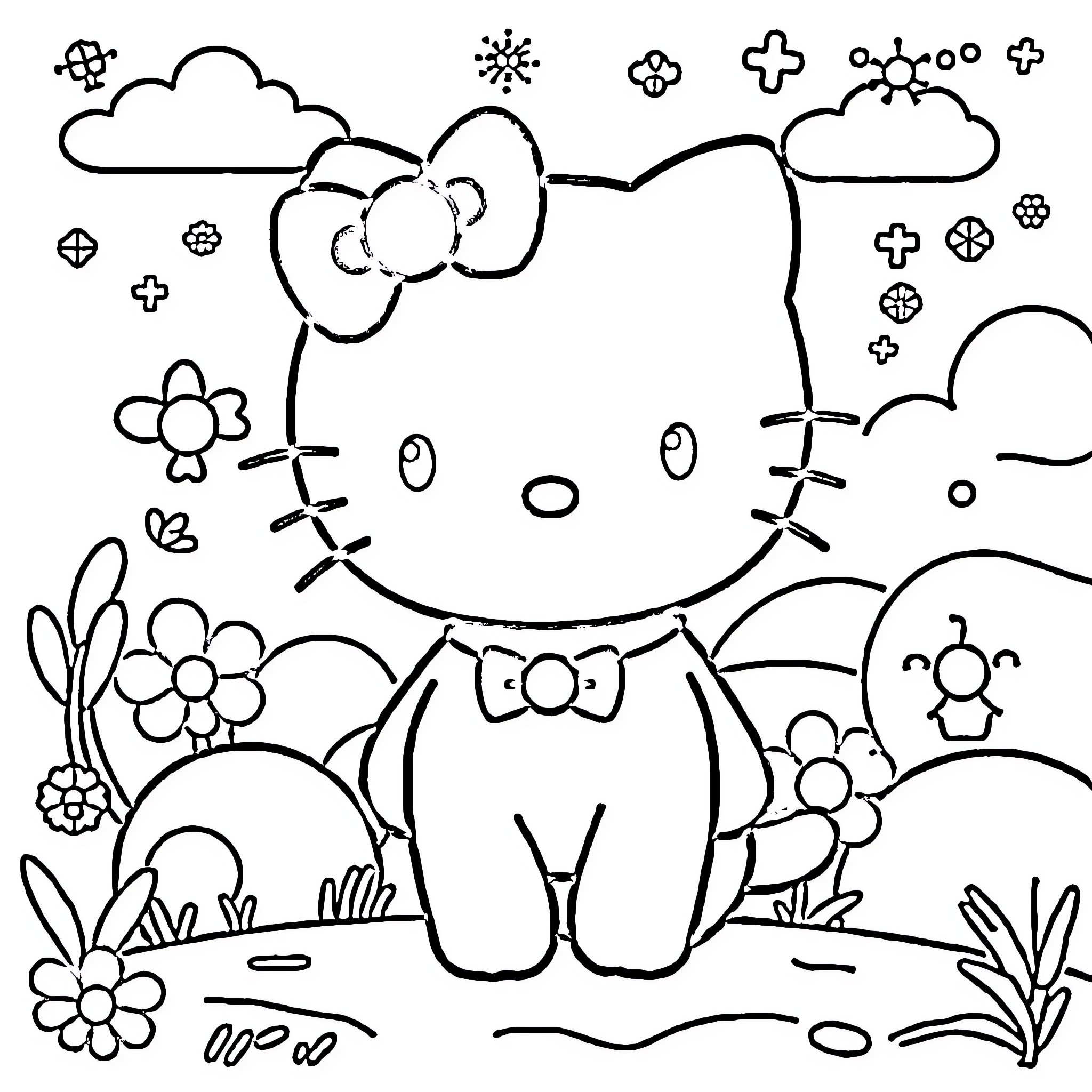Hello Kitty enjoying nature with flowers and animals Coloring Page (free black-and-white line drawing printable PDF for all, from beginners to advanced learners, including children, teens, adults, and seniors)
