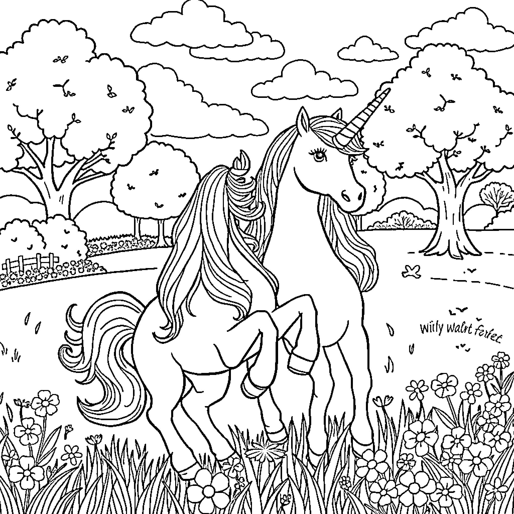 Unicorn grazing peacefully in a flowery meadow Coloring Page (free black-and-white line drawing printable PDF for all, from beginners to advanced learners, including children, teens, adults, and seniors)