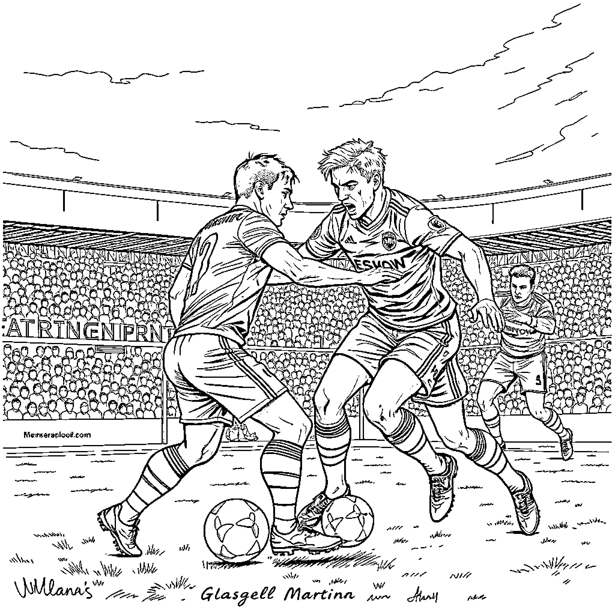 Player challenge between two soccer players in stadium Coloring Page (free black-and-white line drawing printable PDF for all, from beginners to advanced learners, including children, teens, adults, and seniors)