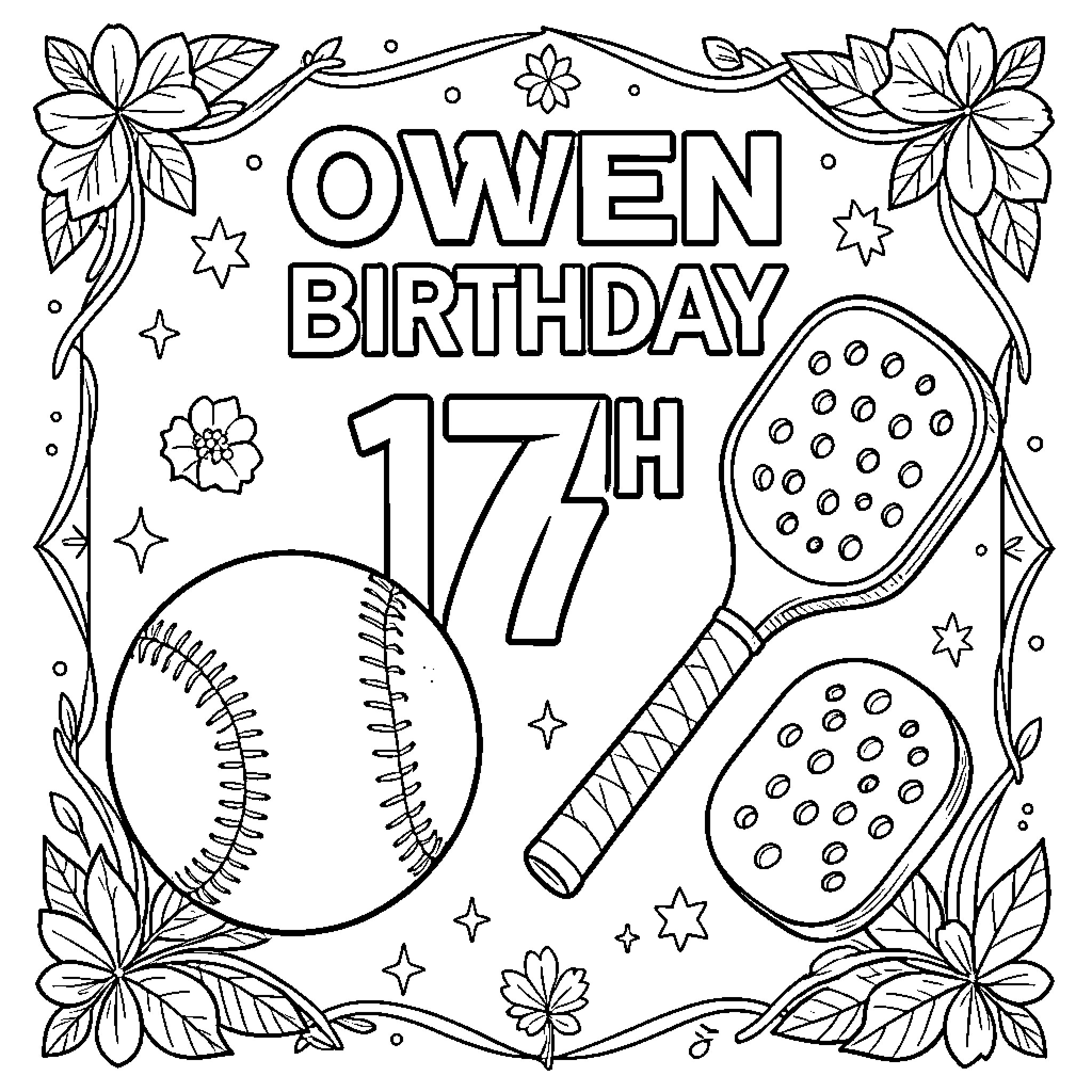 Birthday celebration with sports equipment and floral frame Coloring Page (free black-and-white line drawing printable PDF for all, from beginners to advanced learners, including children, teens, adults, and seniors)