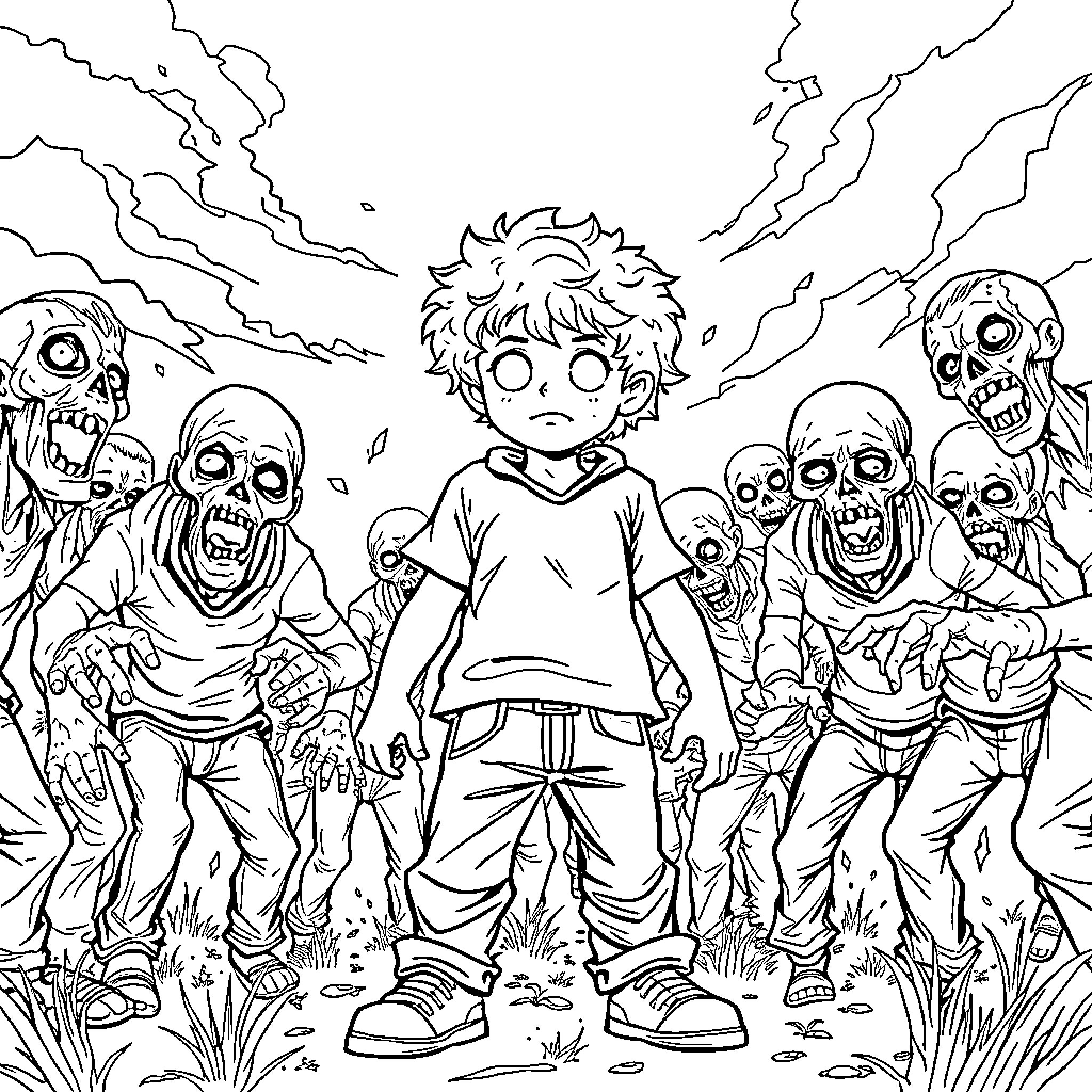Boy surrounded by menacing zombie figures Coloring Page (free black-and-white line drawing printable PDF for all, from beginners to advanced learners, including children, teens, adults, and seniors)