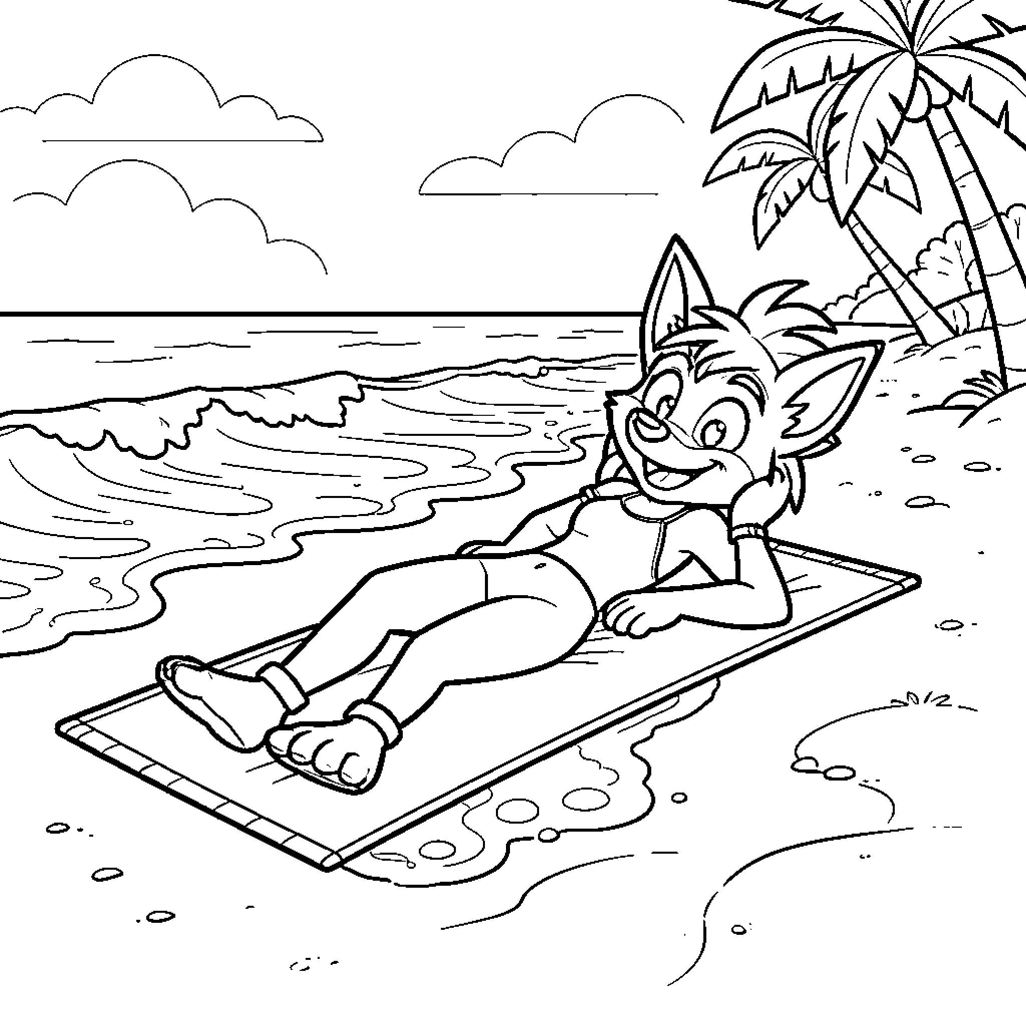 Tawna relaxing on a beach mat by the ocean Coloring Page (free black-and-white line drawing printable PDF for all, from beginners to advanced learners, including children, teens, adults, and seniors)
