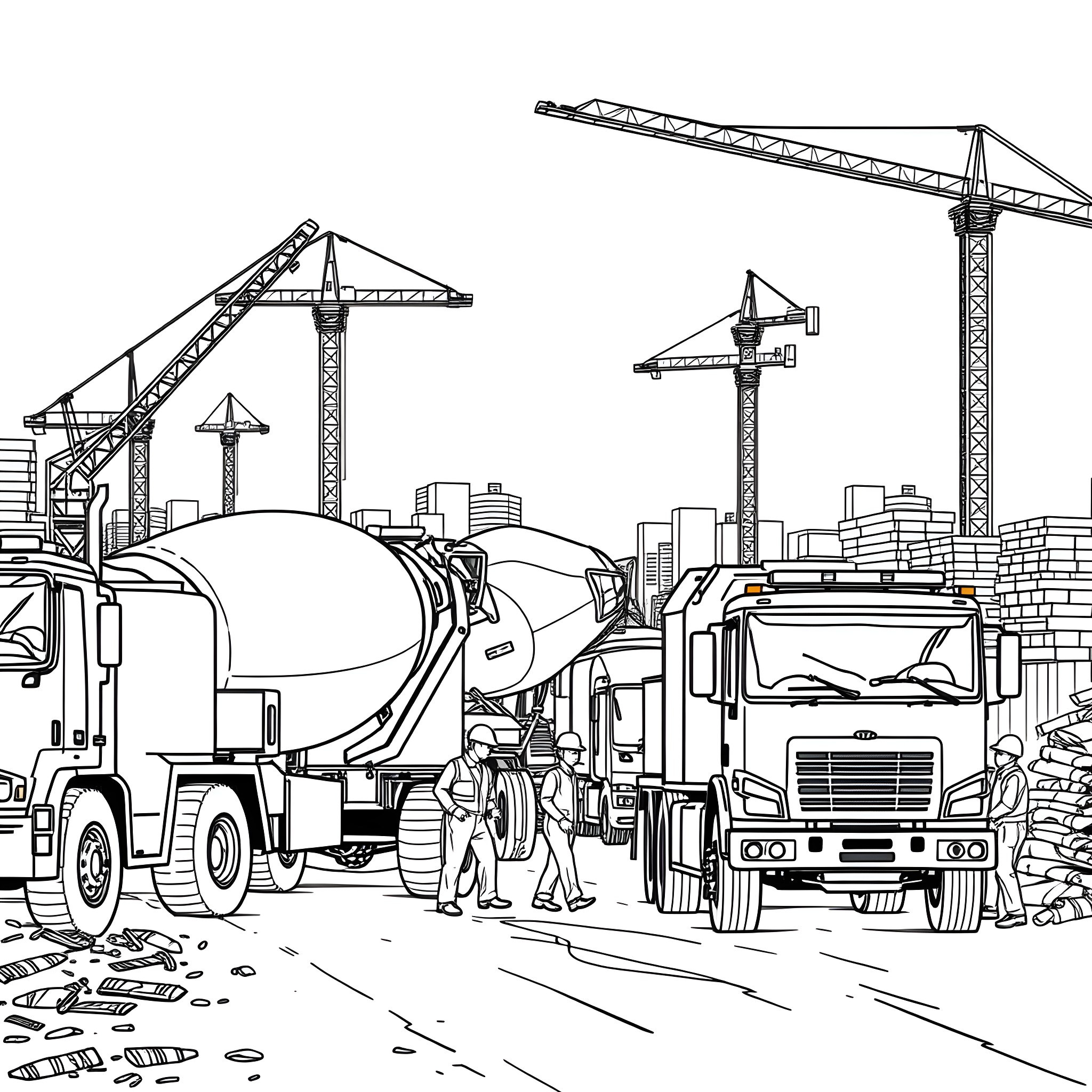 Mixer Truck Operations on a Construction Site Coloring Page (free black-and-white line drawing printable PDF for all, from beginners to advanced learners, including children, teens, adults, and seniors)