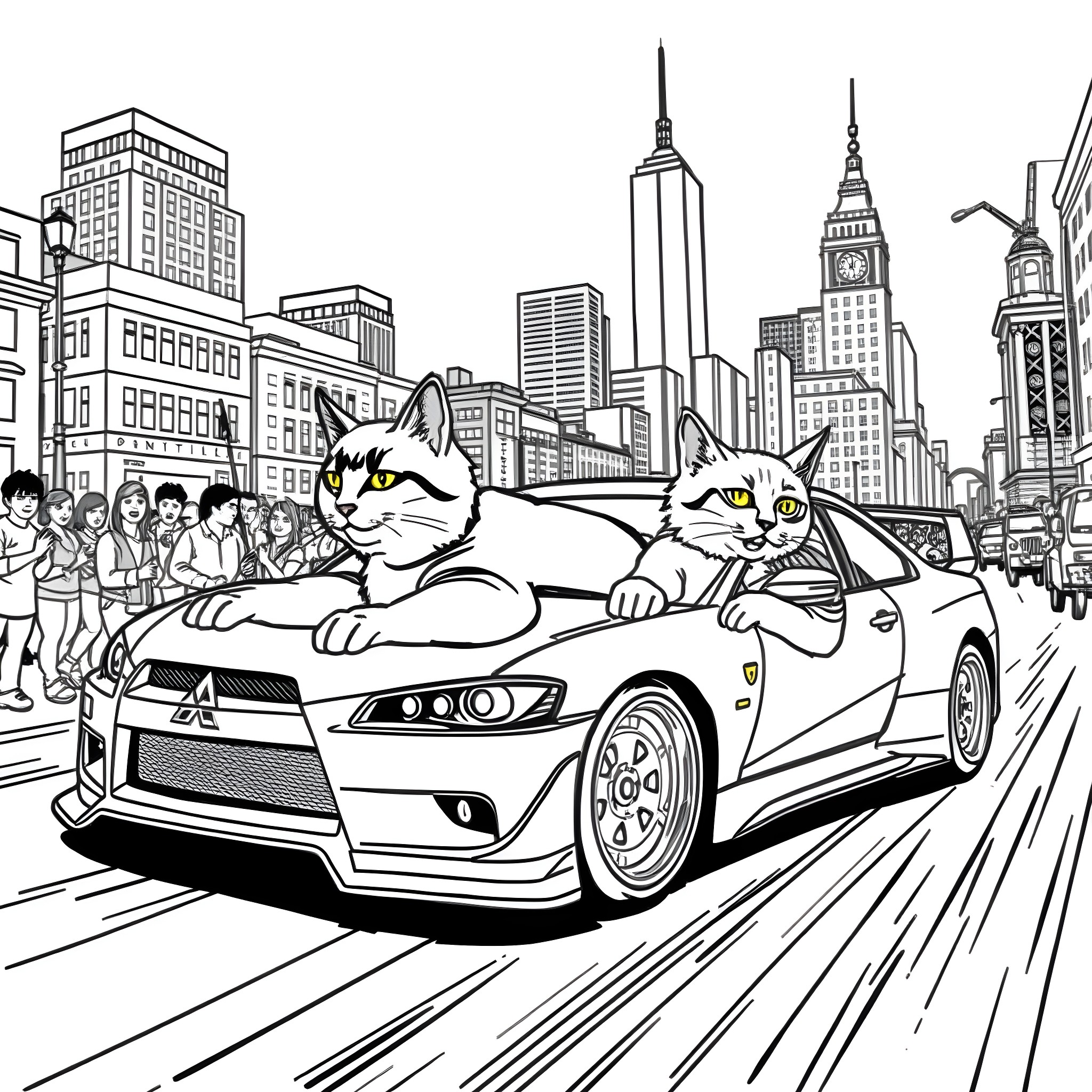 Cats riding in a sports car through the city Coloring Page (free black-and-white line drawing printable PDF for all, from beginners to advanced learners, including children, teens, adults, and seniors)