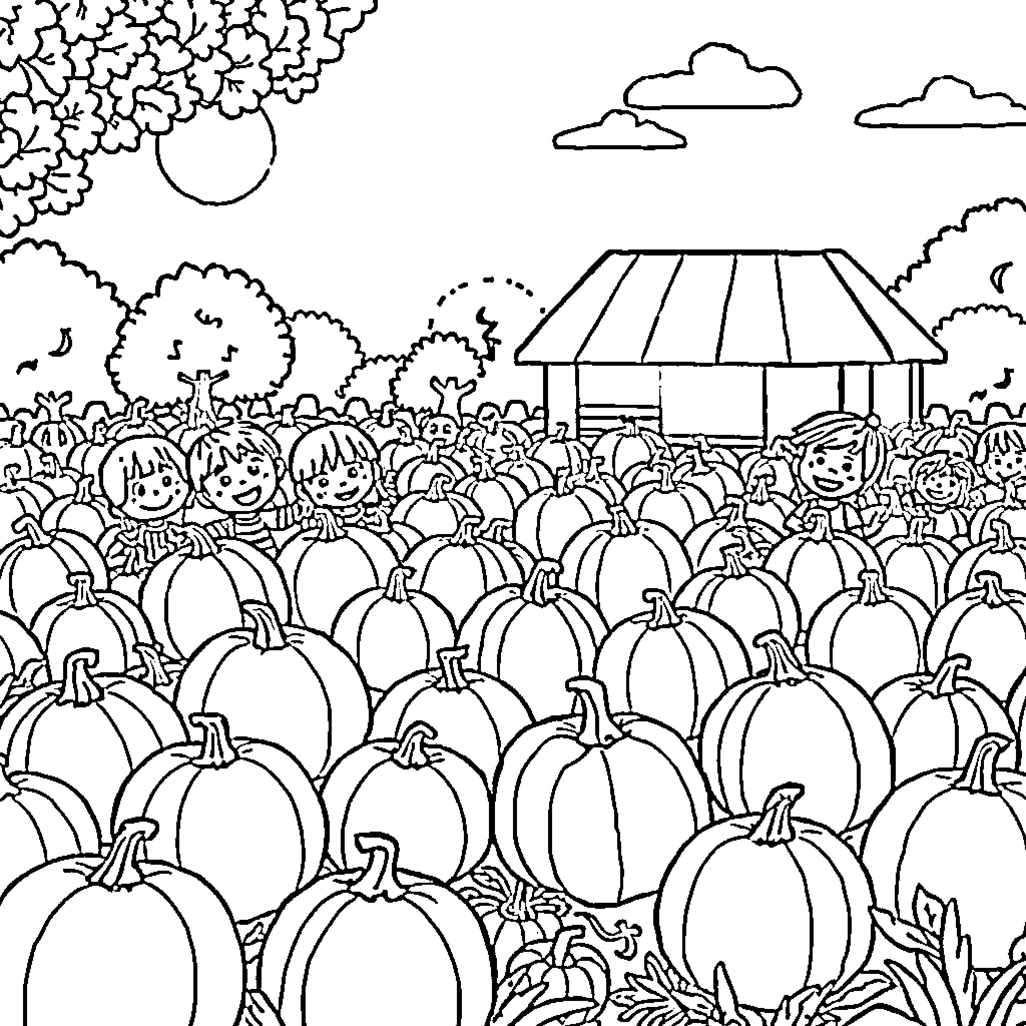 Pumpkin Patch with Gazebo and Crowd Coloring Page (free black-and-white line drawing printable PDF for all, from beginners to advanced learners, including children, teens, adults, and seniors)