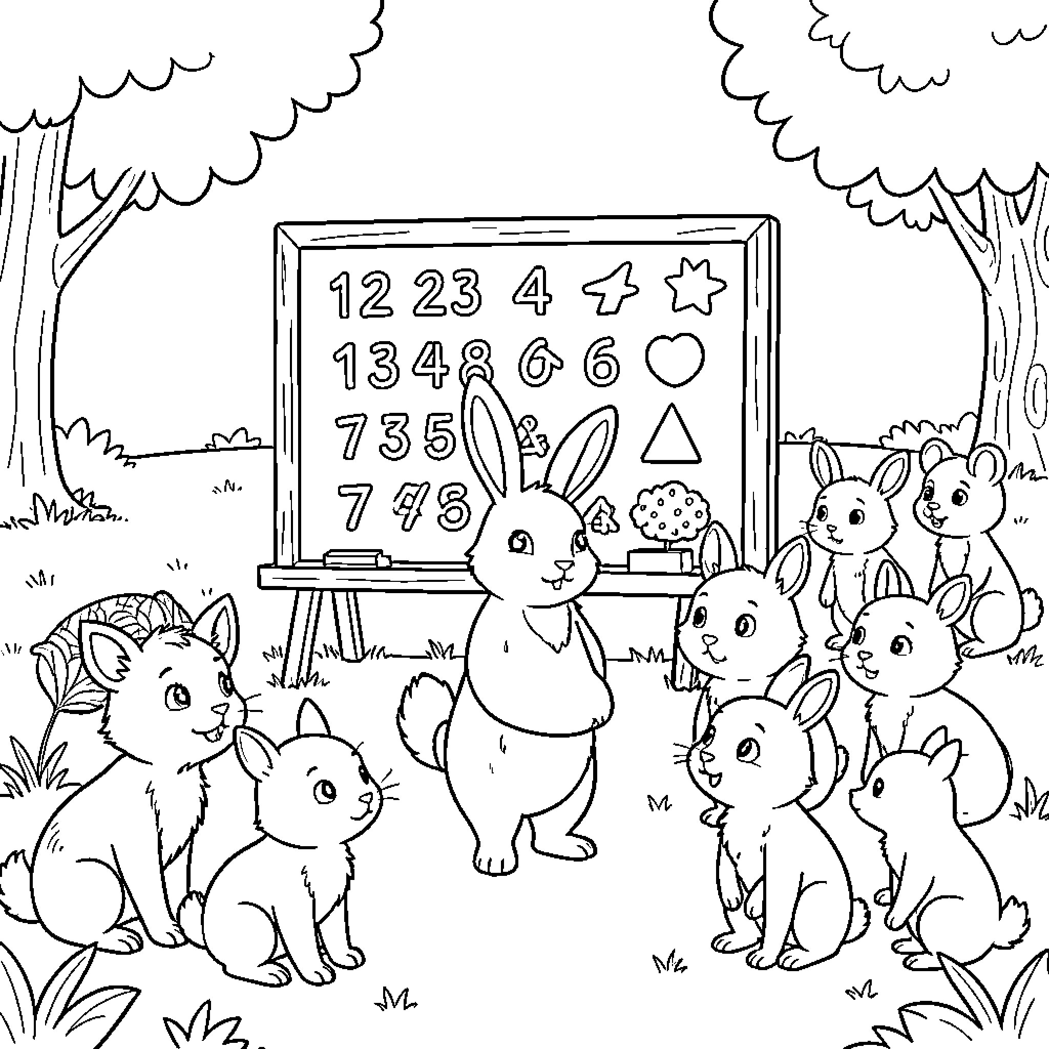Bunny teaching numbers and shapes to little friends Coloring Page (free black-and-white line drawing printable PDF for all, from beginners to advanced learners, including children, teens, adults, and seniors)