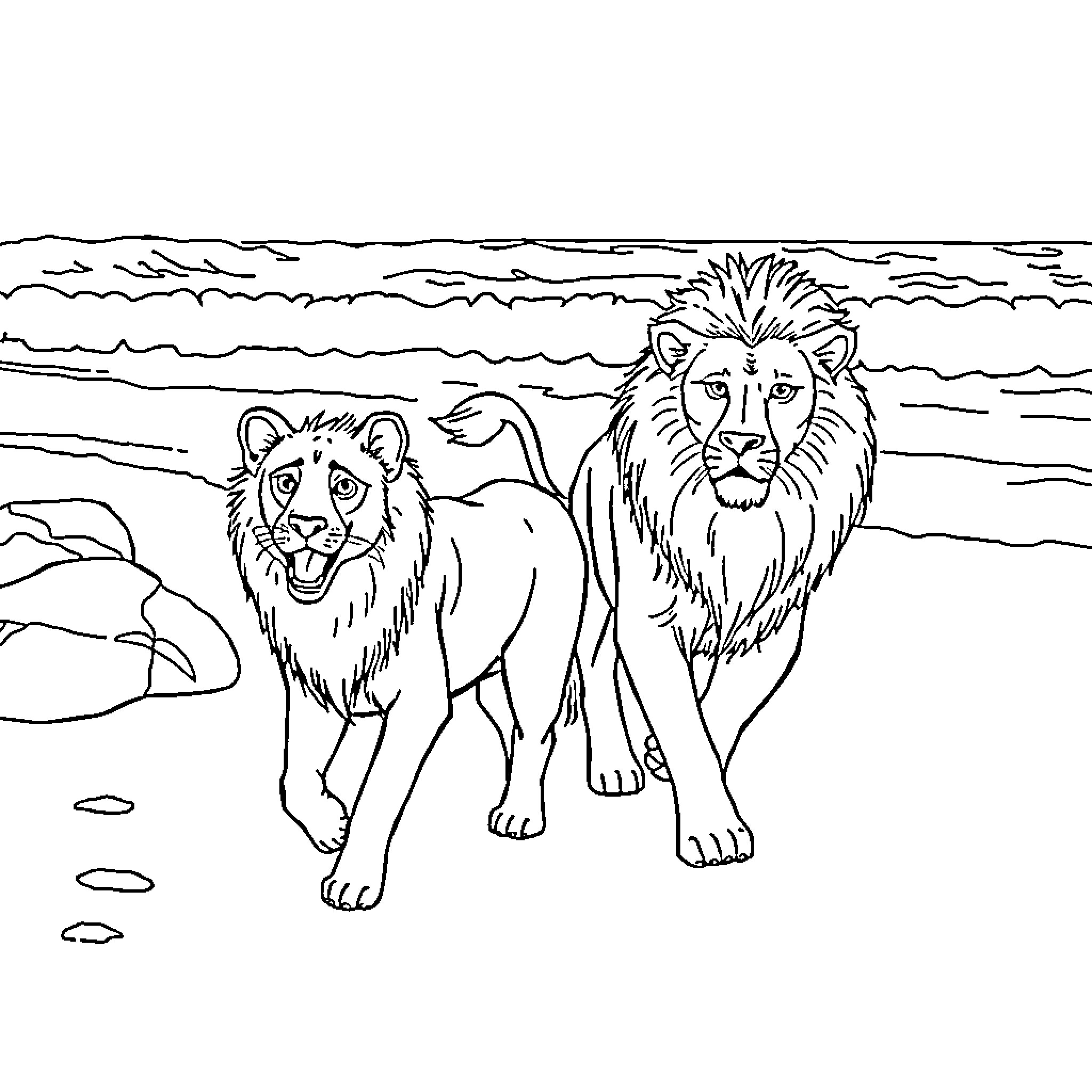 Dog lions roaming in savanna Coloring Page (free black-and-white line drawing printable PDF for all, from beginners to advanced learners, including children, teens, adults, and seniors)