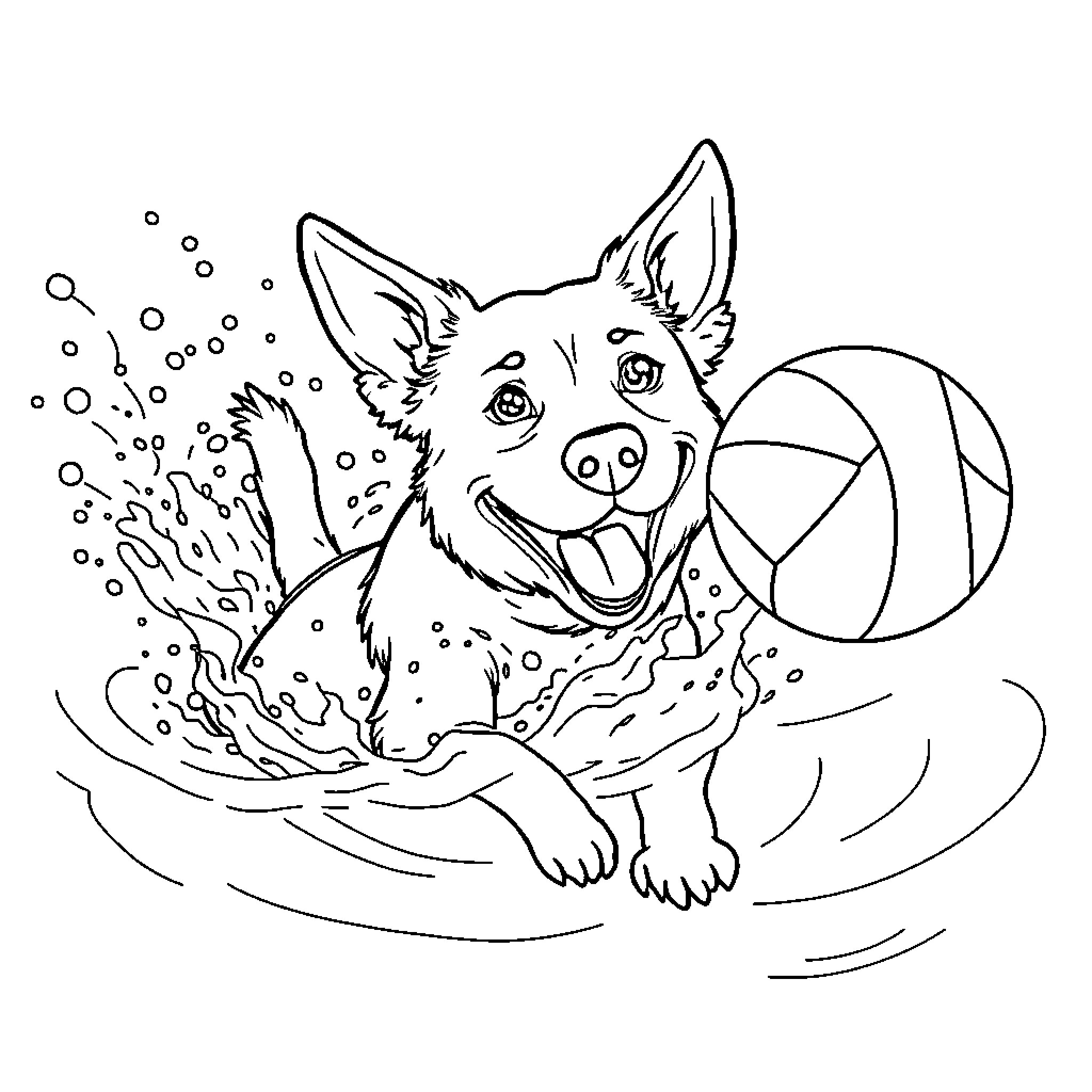 Dog playing joyfully in the water with a ball Coloring Page (free black-and-white line drawing printable PDF for all, from beginners to advanced learners, including children, teens, adults, and seniors)