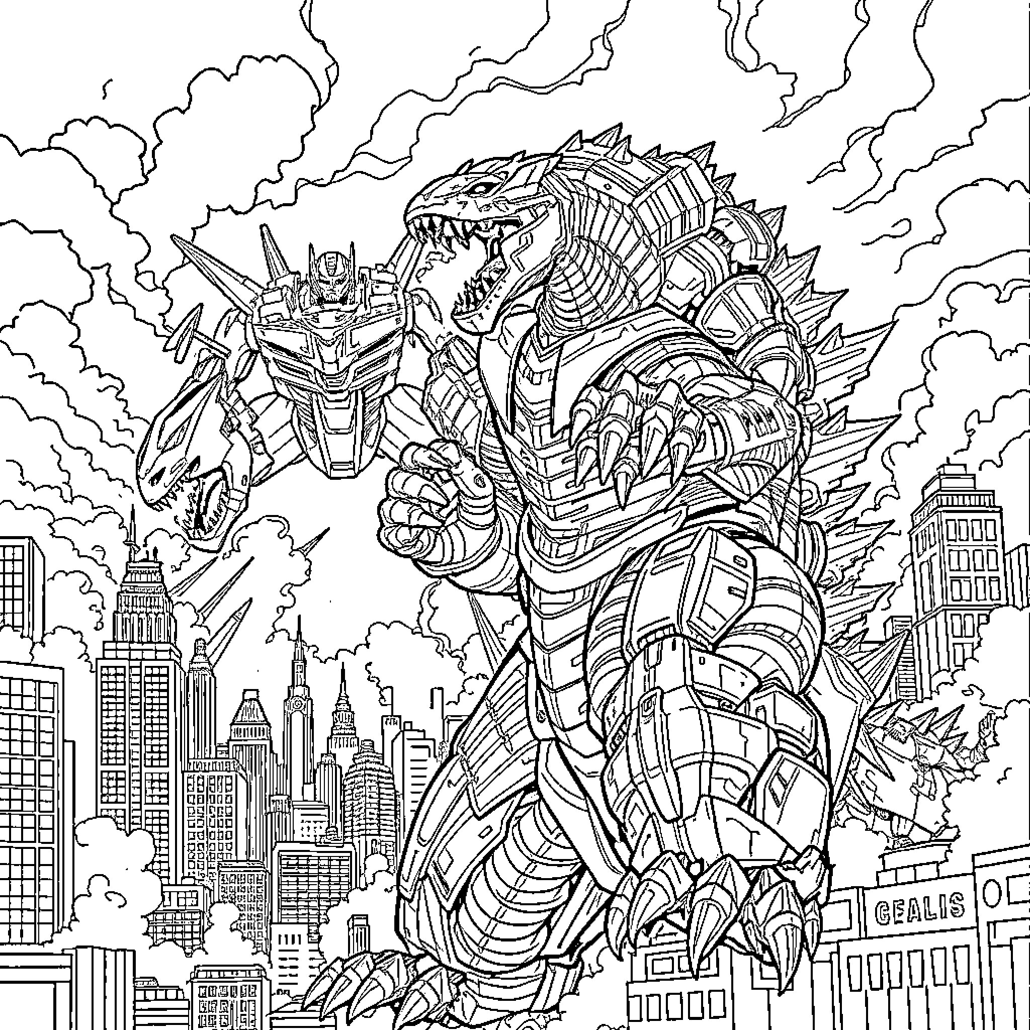 Godzilla destroys city in epic battle against Transformer Coloring Page (free black-and-white line drawing printable PDF for all, from beginners to advanced learners, including children, teens, adults, and seniors)