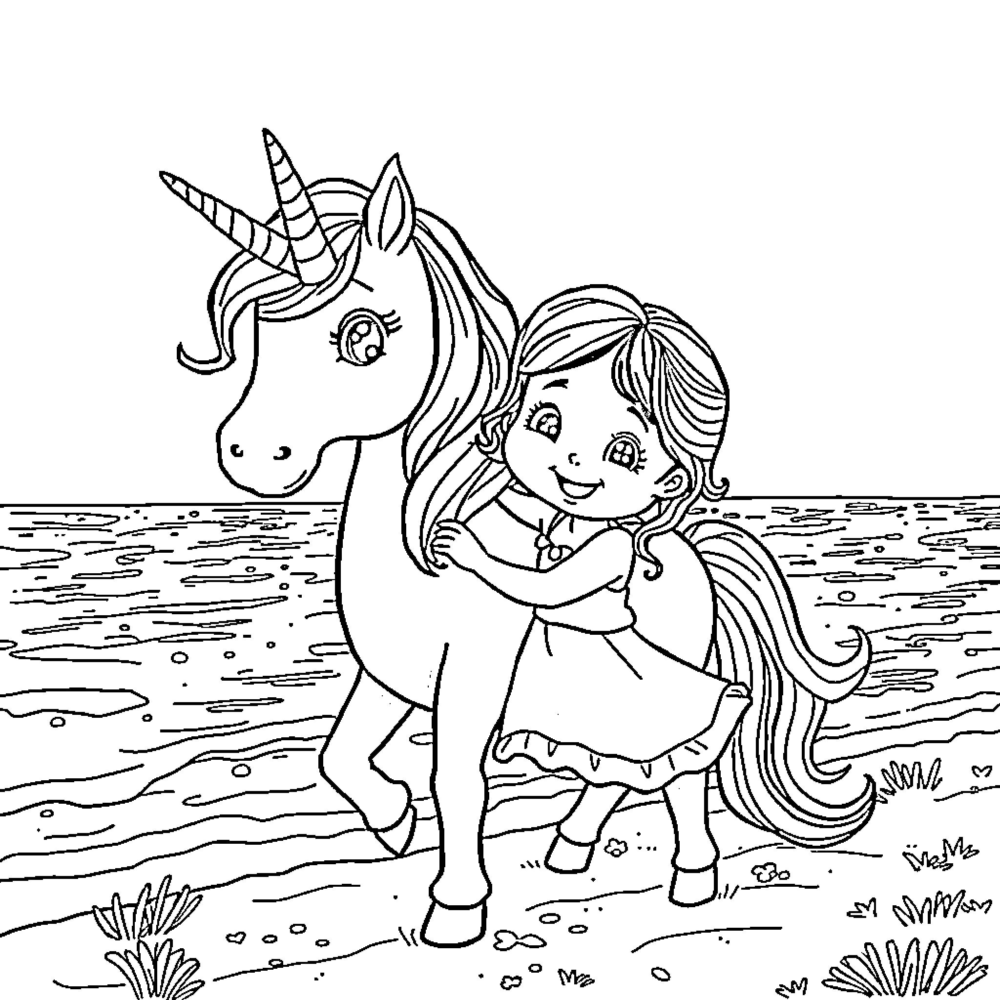 Girl hugging her magical unicorn friend Coloring Page (free black-and-white line drawing printable PDF for all, from beginners to advanced learners, including children, teens, adults, and seniors)