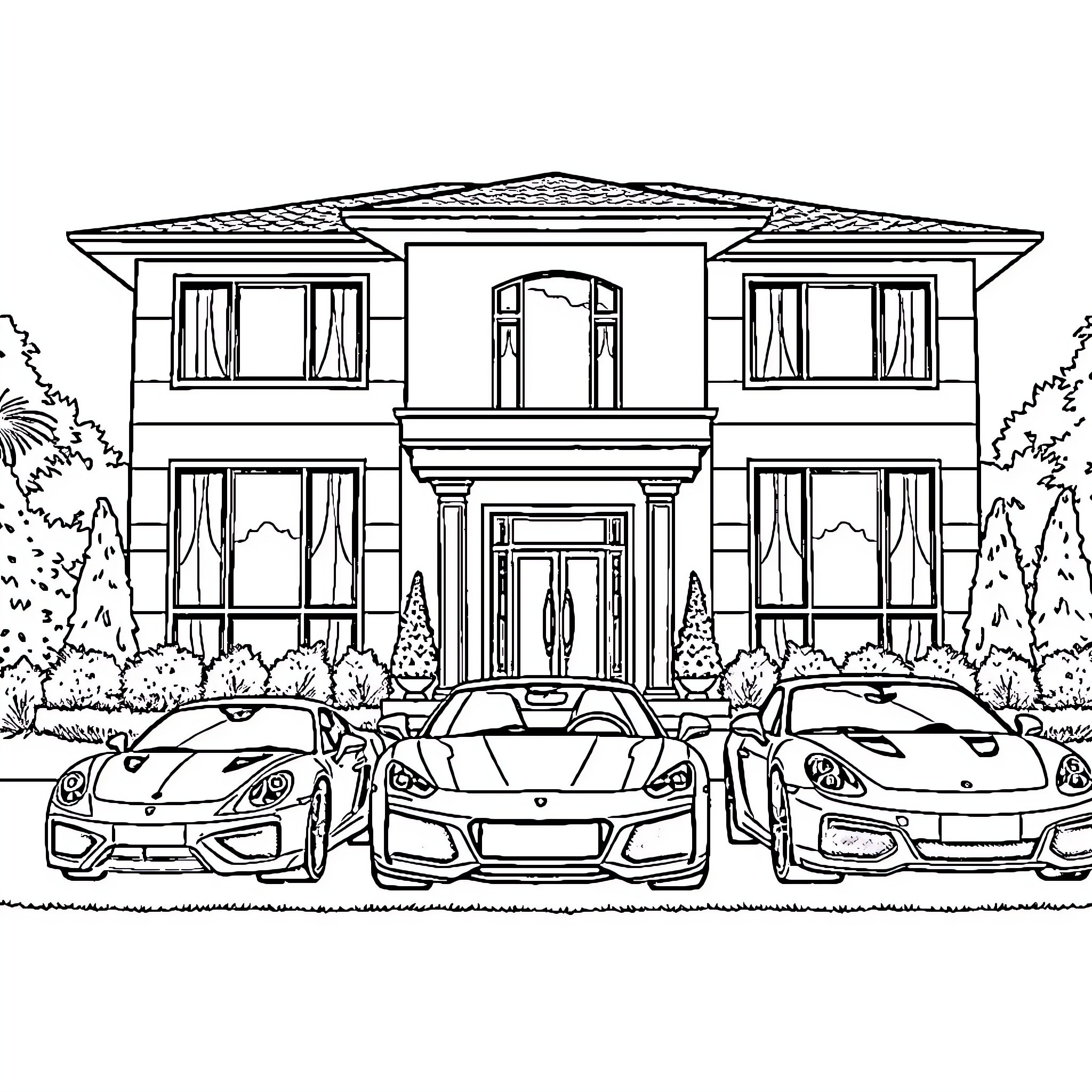 House with luxury cars parked in driveway Coloring Page (free black-and-white line drawing printable PDF for all, from beginners to advanced learners, including children, teens, adults, and seniors)