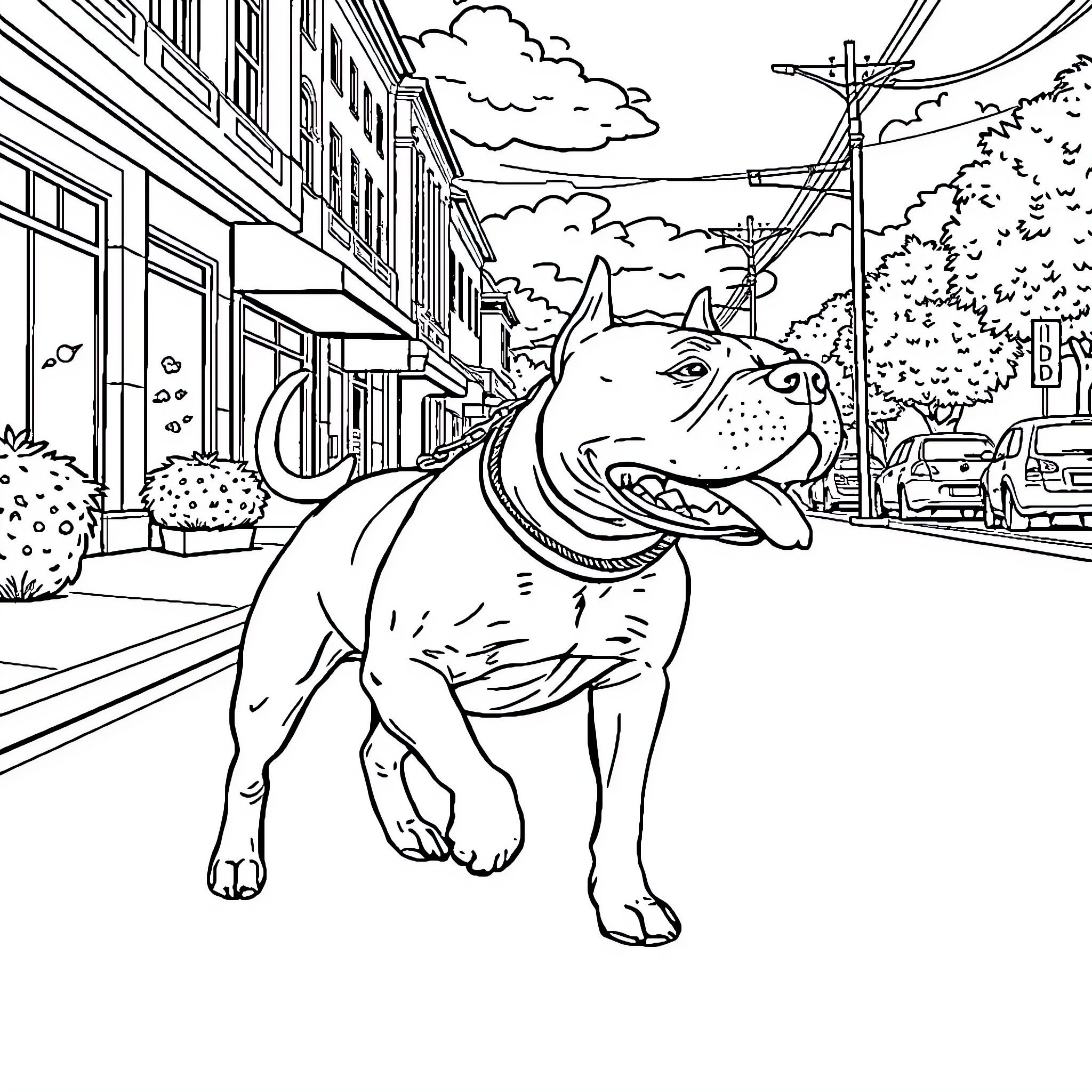 Pitbull exploring lively urban neighborhood Coloring Page (free black-and-white line drawing printable PDF for all, from beginners to advanced learners, including children, teens, adults, and seniors)