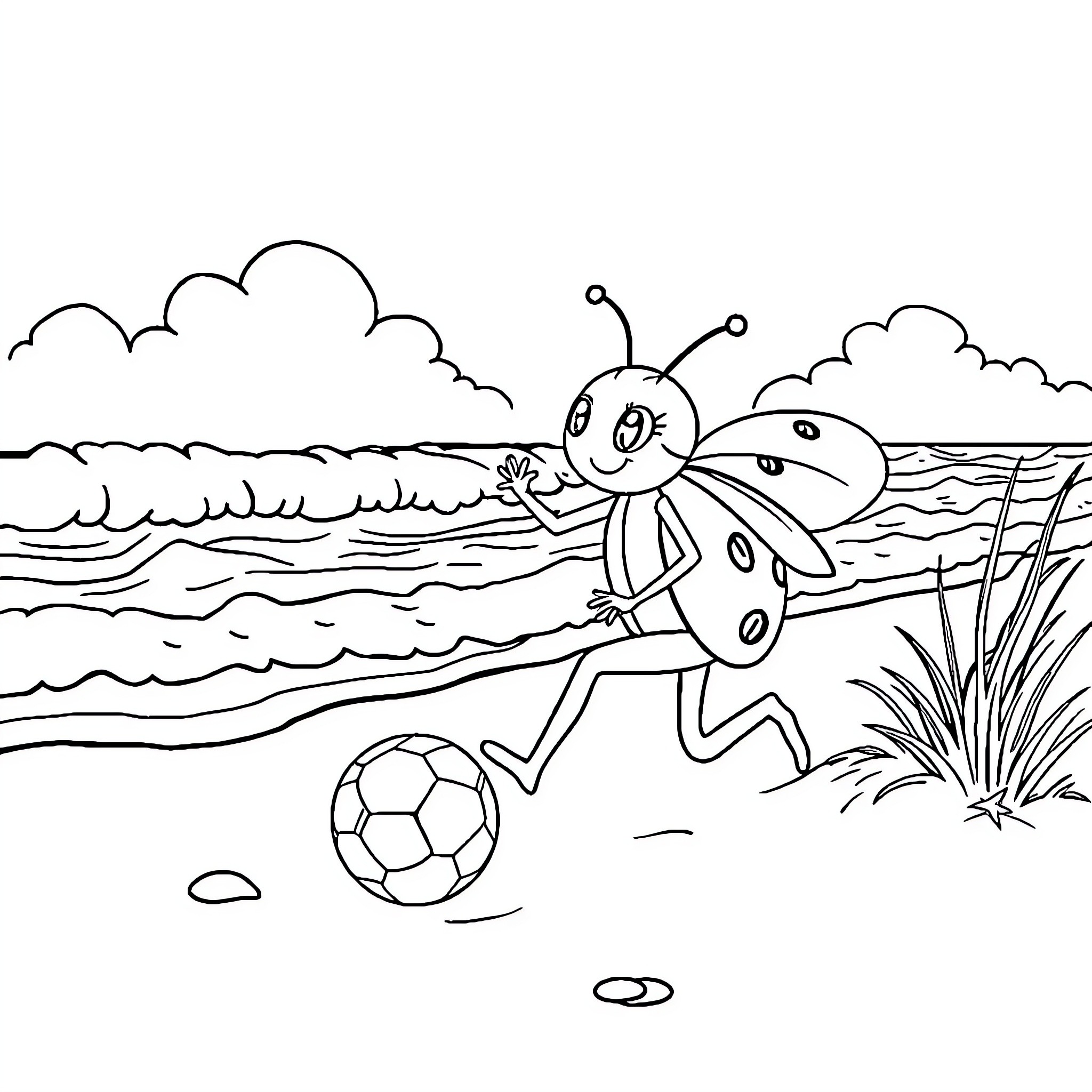 Ladybug playing soccer on the beach Coloring Page (free black-and-white line drawing printable PDF for all, from beginners to advanced learners, including children, teens, adults, and seniors)