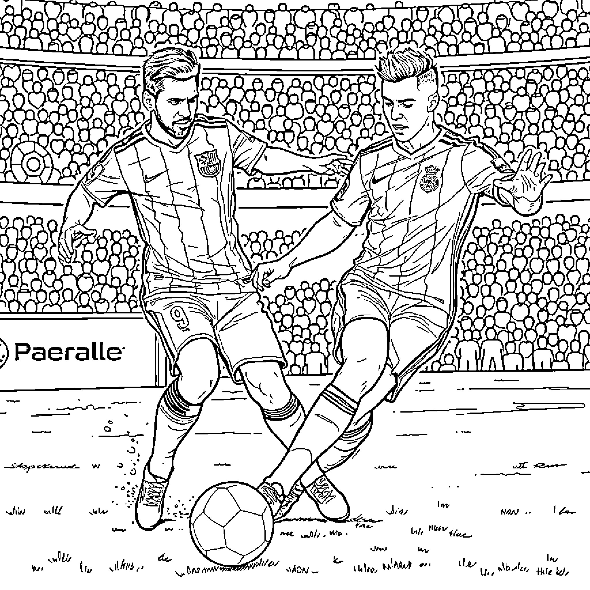 Messi and teammate in football match Coloring Page (free black-and-white line drawing printable PDF for all, from beginners to advanced learners, including children, teens, adults, and seniors)